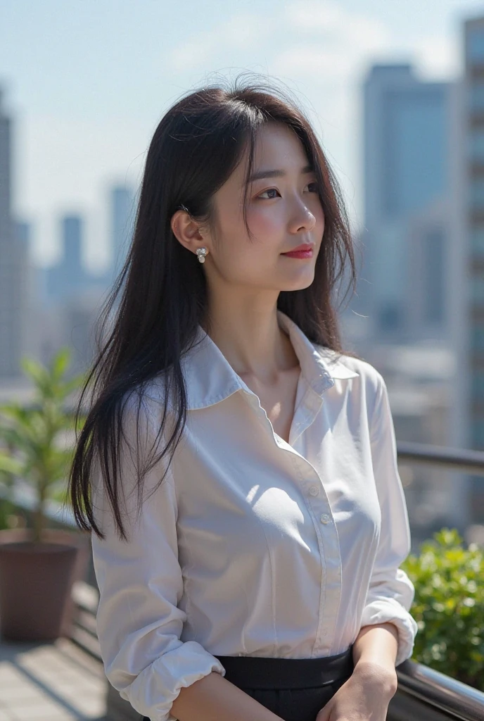 White blouse,looking at the camera