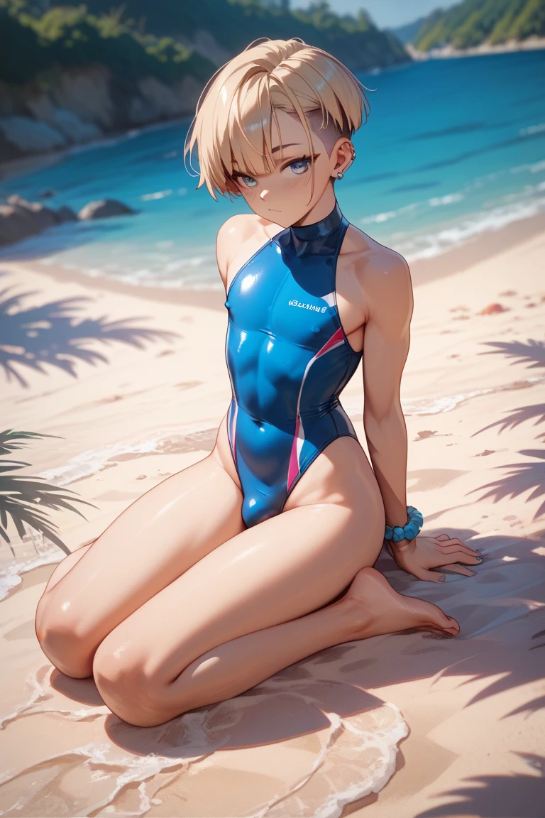 Raw, Analog, Nikon Z6, Award winning action photograph of

a gorgeous russian woman wearing a skintight metallic (one-piece swimsuit),

21 years old, (short blond hair), blue eyes, on tropical beach, wet hair, wet swimsuit, wet skin, chiseled abs, puffy nipple, small blond hairs on arms visible

intricate detail, highres, detailed facial features, high detail, sharp focus, smooth, aesthetic, extremely detailed, ((pronounced pubis)), ((cameltoe:1.3))

photo_\(ultra\), photorealistic, realistic, post-processing, max detail, roughness, real life, ultra realistic, photorealism, photography, 8k uhd, photography, russian face,