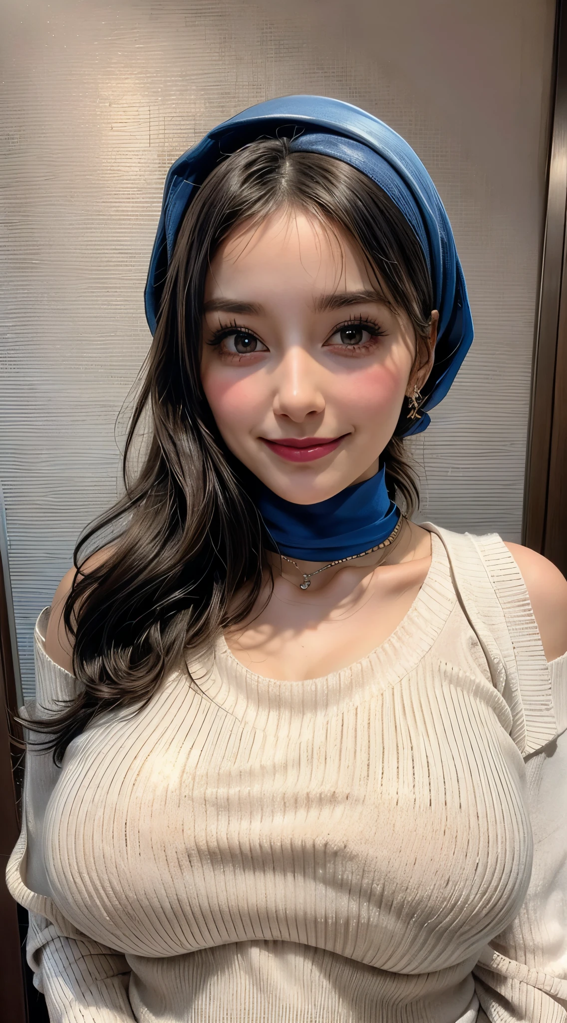 masterpiece, Top Quality, super detailed, beautiful lighting arranged in an orderly manner, Slim and slender woman wear , (white scoop neck sweater:1.3), wear (blue satin hijab), hotel room, Beautiful design, Slight blush, (naughty smile:1,1), (shiny separate trip:1.1), (beautiful eyes:1.1), open your mouth, choker, ((Natural huge breasts:1.4)),((Upper Body))