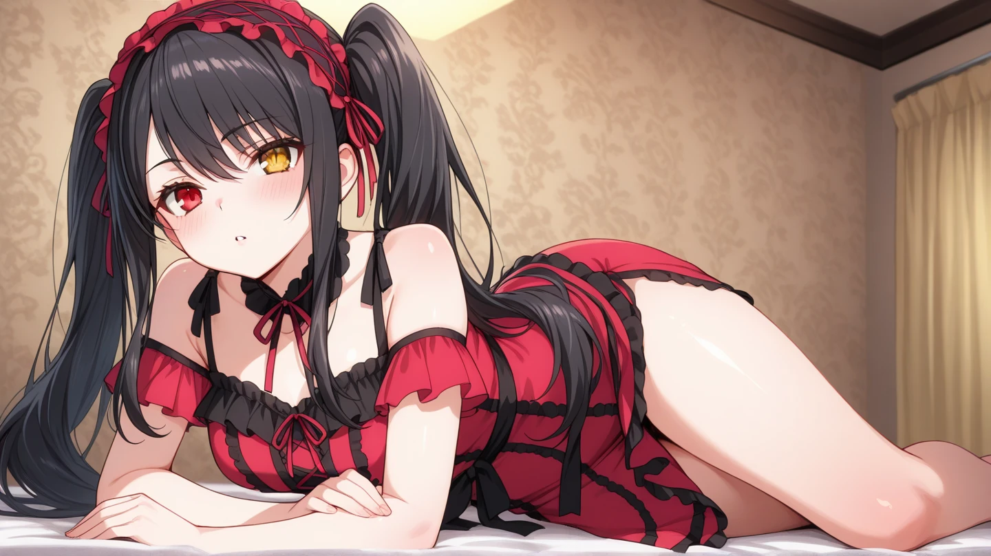 score_9, score_8_up, score_7_up, source_anime,
kurumitokisaki, kurumi tokisaki, black hair, golden right eye(clock eye), heterochromia and red eyes, long hair, (bunches)
bare shoulder, ribbon, Black bra, bikini, briefs, black bikini, twintails, low twintails, black silk leggings
indoors, outdoor, an evil smile, (frontage)
looking at viewer, solo, sitting on the bed, the soles of the feet face the audience,