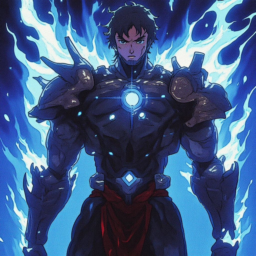 Manly hero with blue fire powers looking strong and egoistic with a strong armor make it a good looking man as a profile picture. Make him look slim and strong and change the perspective to front view like the character is facing me and it should not include a girl. Make him look manly similar to anime man