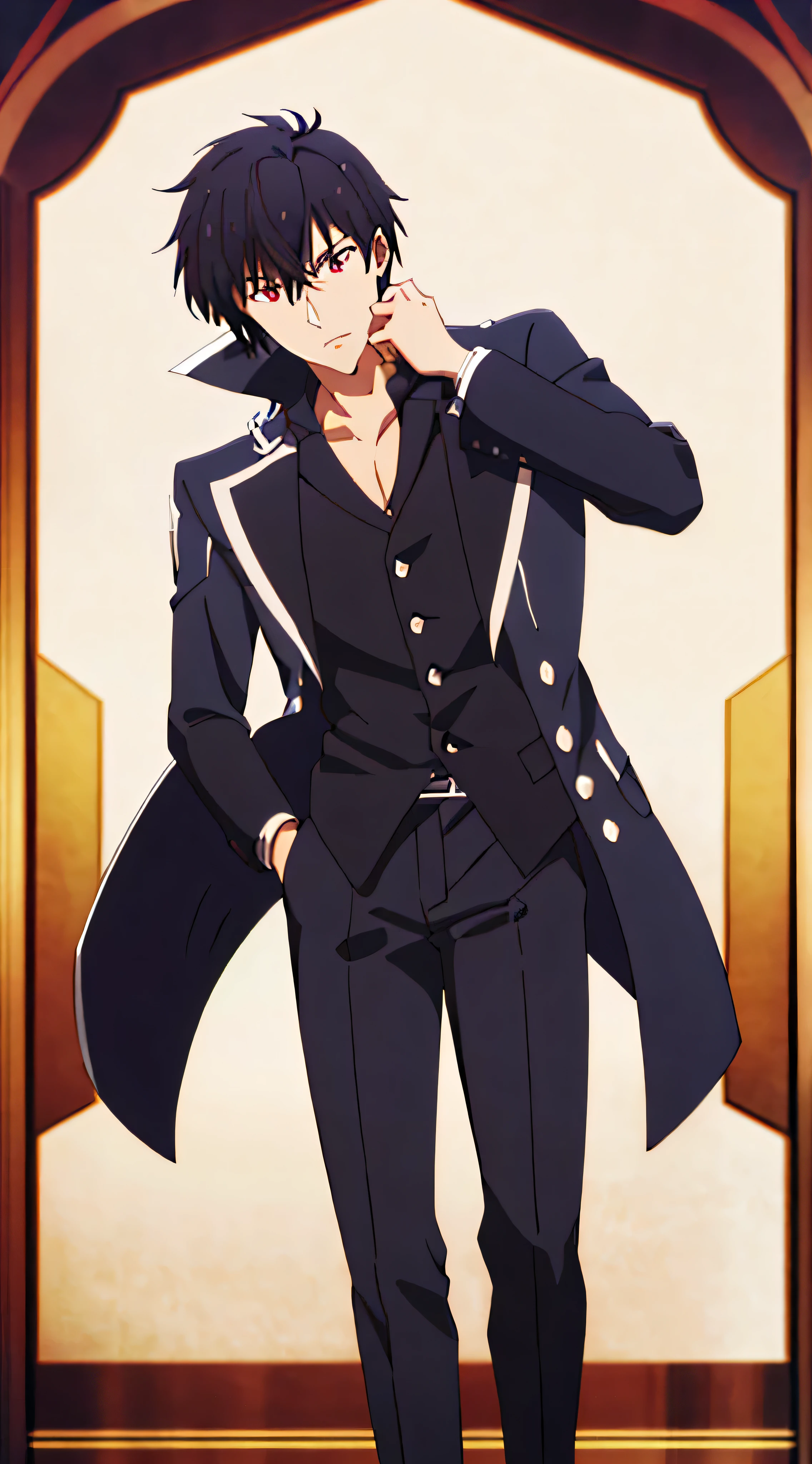 masterpiece, best quality, , 1boy, solo, male focus, looking at viewer, , , ligne claire, , anos_voldigoad, black hair, red eyes masterpiece, maximum quality, 4k, ultra detailed, (highest quality:1.2, Very detailed, up to date, Vibrant, Ultra-high resolution, High Contrast, masterpiece:1.2, highest quality, Best aesthetics),