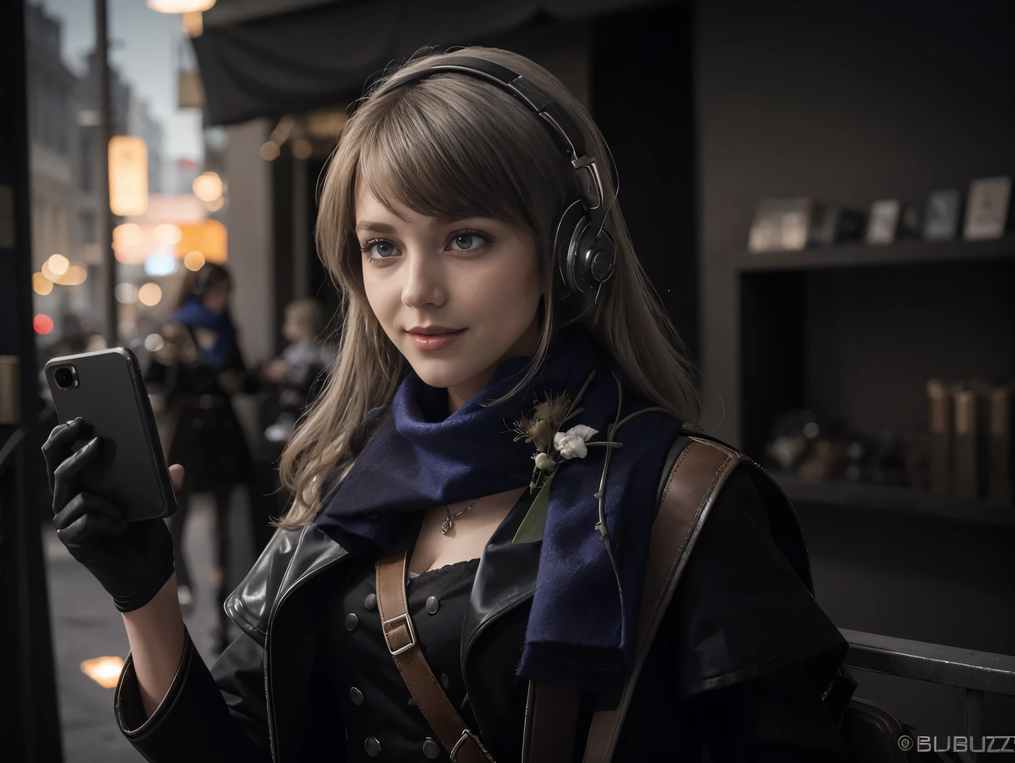 masterpiece, best quality, 1girl, solo, Bkornblume, headphones, solo, blue scarf, latex coat, pussy, observing, interrogation, black dress, black gloves, grey hair, holster gun, black coat dress, long sleeves, gloves, blushing, cafe, smile, full body, information, german girl, boots, sitting, opened breasts, die stasi spy, cafe background, pantyhose, shoes heels, holsters, coat buttons, knee, ((Danzig Street background)), misty background, Germany stasi, breasts, blue stocking, bkornblume, using cellphone telephone, buildinggs stasi, indoor, giving information intelligence, confidential document papers, (((face close-up)), (lipstick), intelligence stasi spy