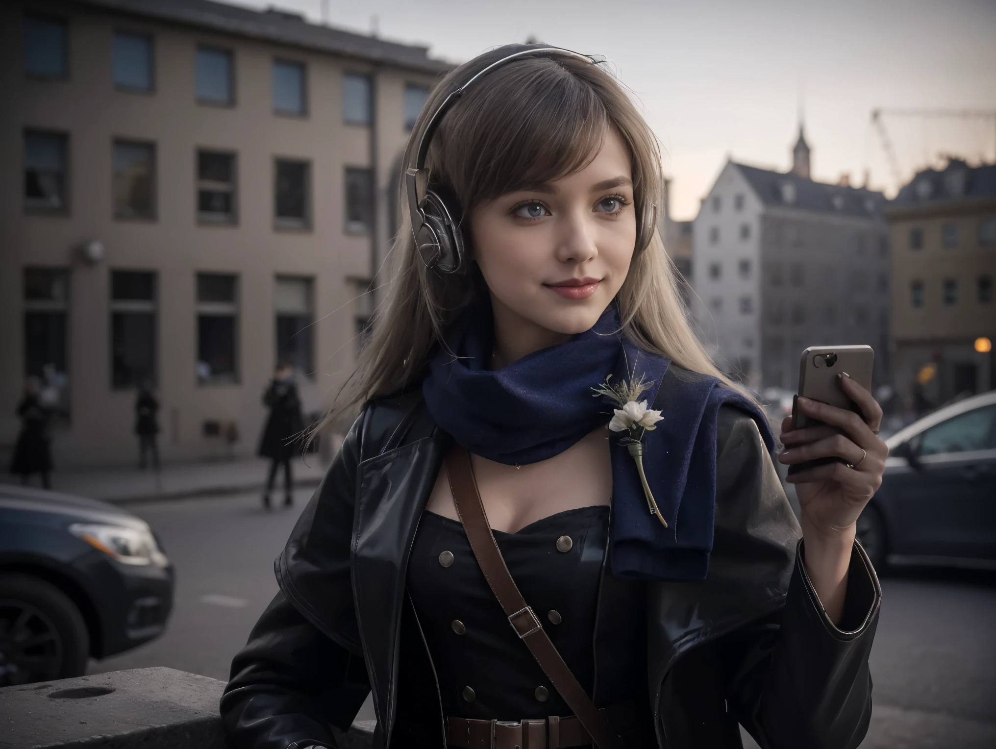 masterpiece, best quality, 1girl, solo, Bkornblume, headphones, solo, blue scarf, latex coat, pussy, observing, interrogation, black dress, black gloves, grey hair, holster gun, black coat dress, long sleeves, gloves, blushing, cafe, smile, full body, information, german girl, boots, sitting, opened breasts, die stasi spy, cafe background, pantyhose, shoes heels, holsters, coat buttons, knee, ((Danzig Street background)), misty background, Germany stasi, breasts, blue stocking, bkornblume, using cellphone telephone, buildinggs stasi, indoor, giving information intelligence, confidential document papers, (((face close-up)), (lipstick), intelligence stasi spy