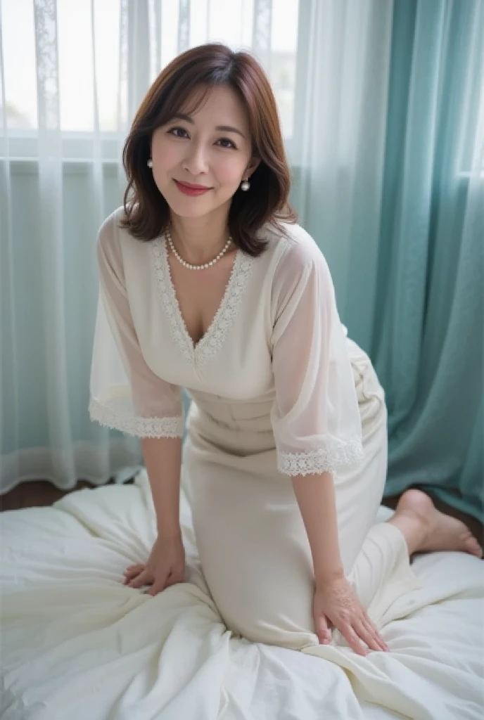 Super detailed, 8k, highest quality, Accurate, Anatomically correct, elegant, 60 years old, Mature Woman, grandma, old woman body, wrinkled, Skin with flecks, Heavy makeup, Completely naked, Completely naked, nude, nude, nude, nude, Bobcut, Sitting on the bed, bedroom, sexy, whole body, Showing female genitalia, White skin, Stomach wrinkles, Sagging breasts, Abdominal fat, Wrinkles on the stomach, Wrinkles around the eyes, Brow wrinkles, smile, Earrings, necklace, White Curtains, Bright room, Natural light, Morning light from the front, throw, 35mm lens, Depth of written boundary
