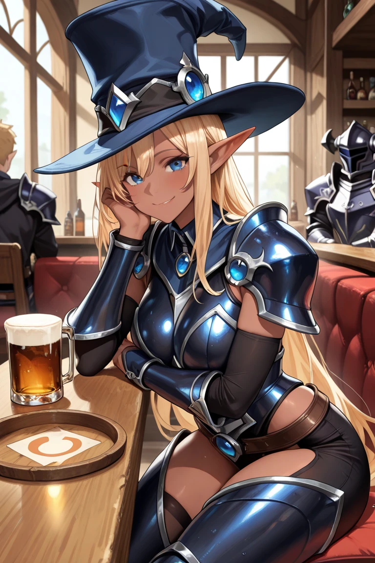 1girl,solo, robot girl, humanoid robot,robot joints, orange eyes,long hair, (colored skin),huge breasts,tiara, jewelry, armored dress,gold trim, sleeveles,cape,castle in background, (outdoors),garden,sitting,throne,(coffee cup in hand),table,looking at viewer, light smile