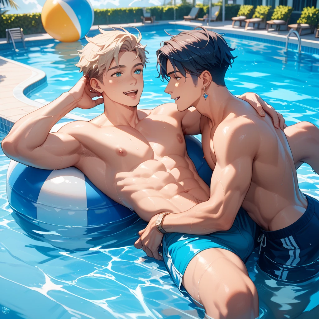 Two boys . very thin, cute, shirtless, in very short swimming trunks. One slaps the other on the butt