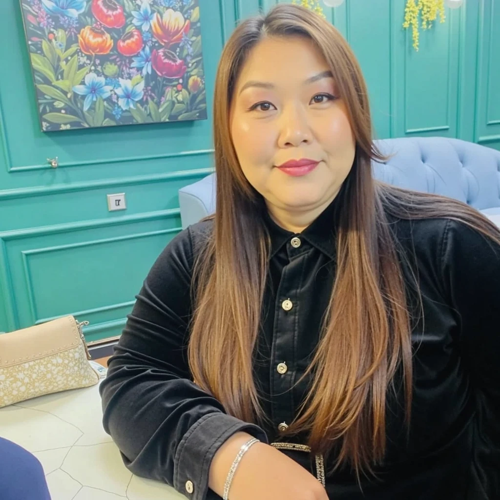 Fat Woman, Obese, Big Size, Round face, Double chin, Overweight,Shoulder-length fluffy hair , Eating deliciously,Looking at the camera,smile、