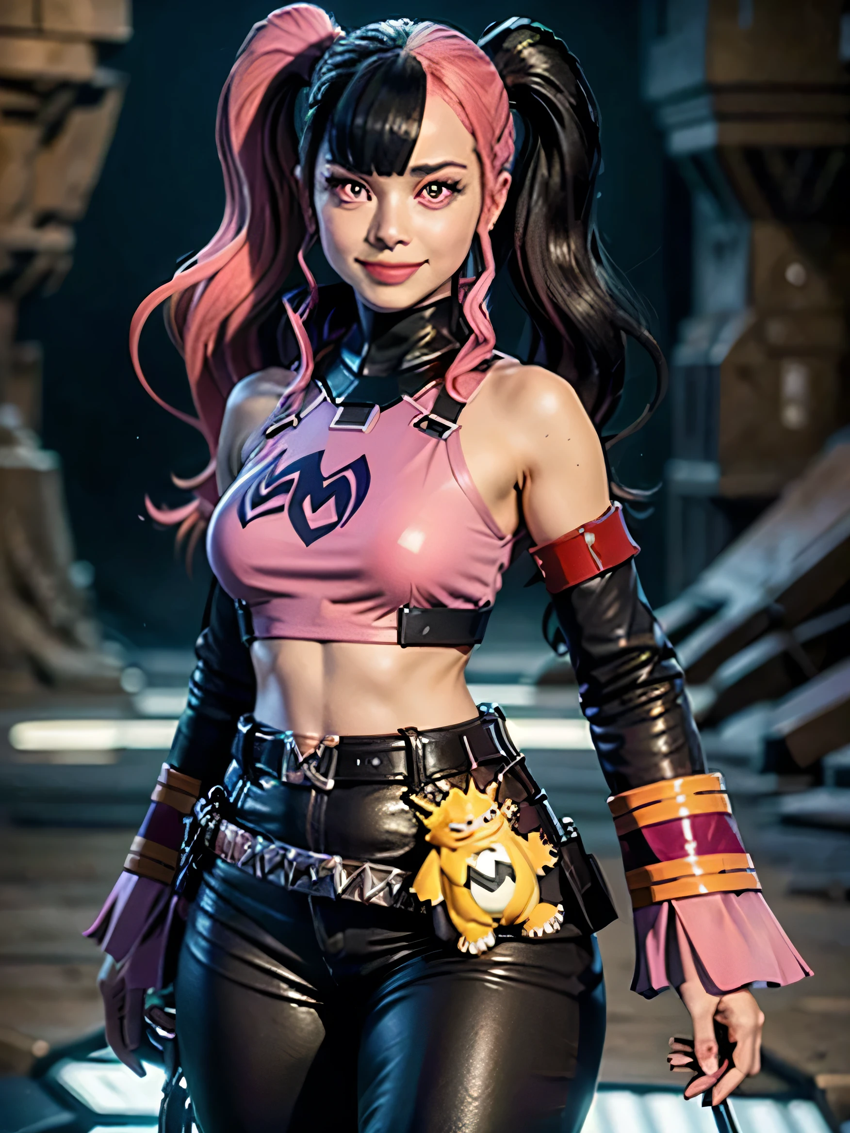 ((masterpiece,best quality)), absurdres, Zoe_Rayne, 1girl, solo, pink eyes, multicolored hair, two-tone hair, twintails, long hair, solo, smile, looking at viewer, cowboy shot, shiny metal, body armor, fingerless gloves, shoulder armor, gauntlets, leather pants, big belt, Riding a large yellow electric pokemon, inside large cave dungeon