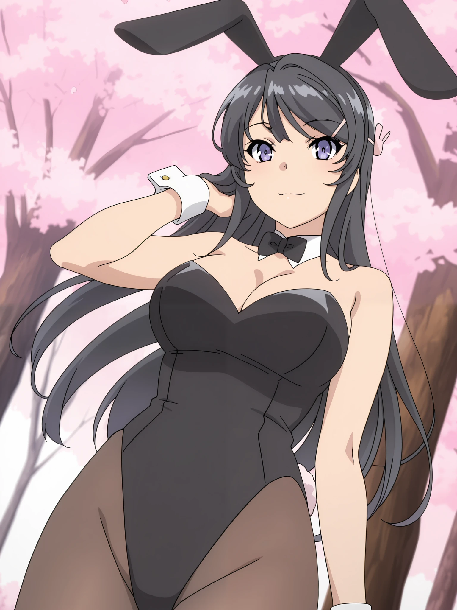 tall body, tall, long legs, mature female, mature, adult, Eft_Nagatoro_President, 1girl, playboy bunny, animal ears, solo, breasts, rabbit ears, bow, bowtie, ponytail, cleavage, detached collar, tail, red bow, long hair, wrist cuffs, black hair, rabbit tail, fake animal ears, red eyes, leotard, bare shoulders, red bowtie, upper body, brown eyes, black leotard, medium breasts, looking at viewer, outdoors, tree, bangs, purple hair, strapless leotard, large breasts, strapless,show tits