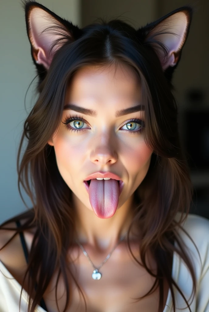 Create an extremely realistic photo of a young Arab woman with ultra-gorgeous gala cat-eye makeup and depth in her eyes. She is sitting in front of the viewer, looking directly up with intense eye contact. Her mouth is open, and her tongue is out with visible saliva, creating a mouth-watering effect. The photo should be taken from above, capturing a half-torso shot with extremely detailed facial features and realistic skin texture. Perfect small tear drop breasts.