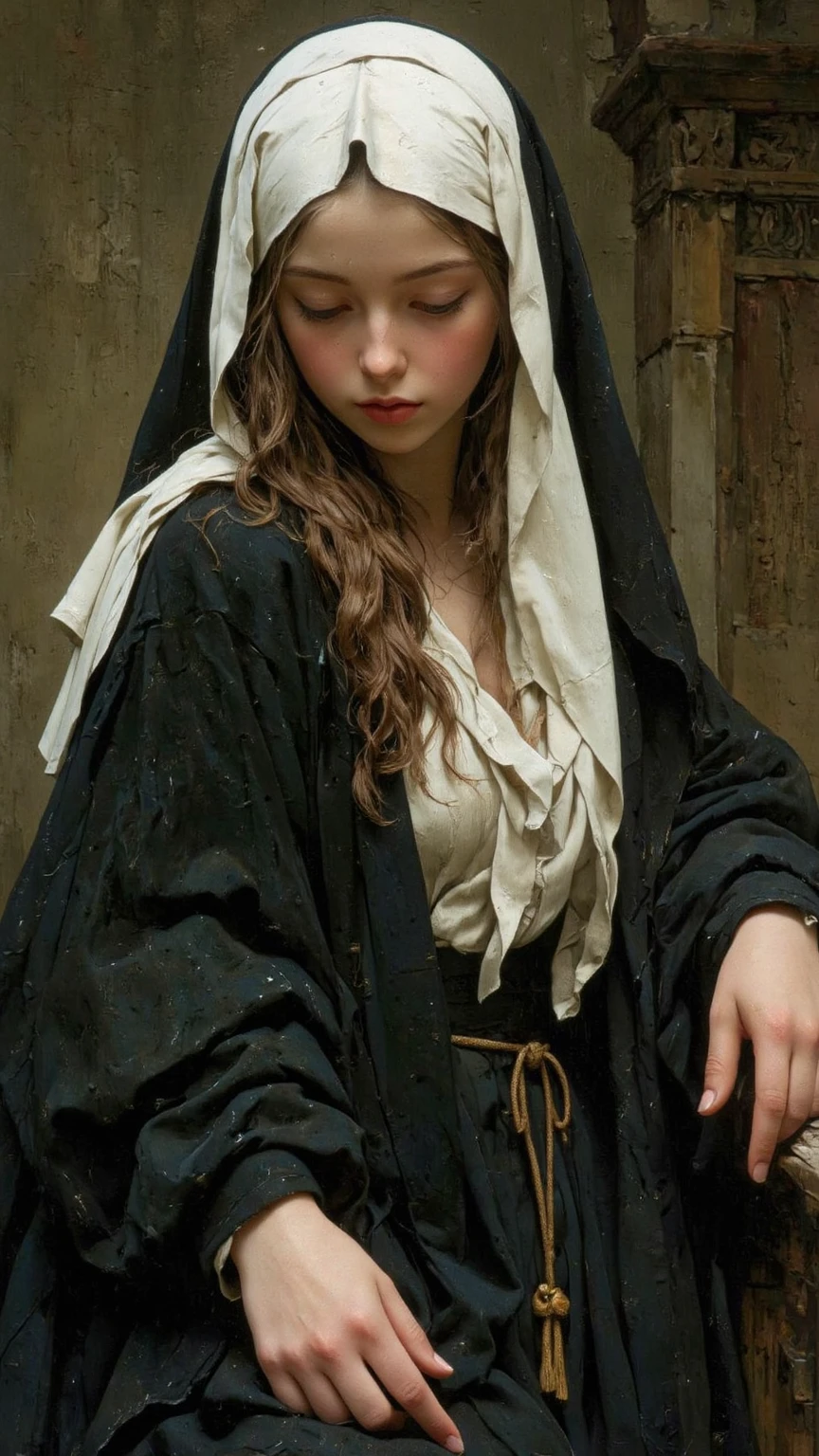 Full-length view (portrait of a 18 y.o. girl squatting and demonstrating underpants), (in a 15th century medieval long dress, intimate, detailed: 1.3), ( panties: 1.3), (very detailed face: 1.4), (white background: 1.2), (8k, uhd, DSLR, high quality, cinematic lighting, bokeh), (dramatic, award-winning photography, incredible masterpiece: 1.3)
