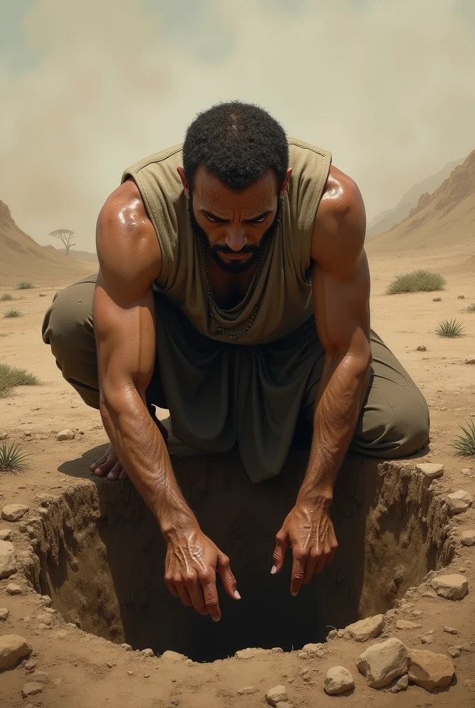 "Create a powerful and emotional scene that portrays a man enduring great hardship in a desert setting. He is shown lying on the hot sand, with large stones weighing down on his chest, his face reflecting a mixture of pain and unbreakable faith. The surrounding environment should be barren and harsh, with the intense sunlight casting sharp shadows. The overall mood of the image should convey suffering, resilience, and deep spiritual strength. No text or specific names should be included in the image."