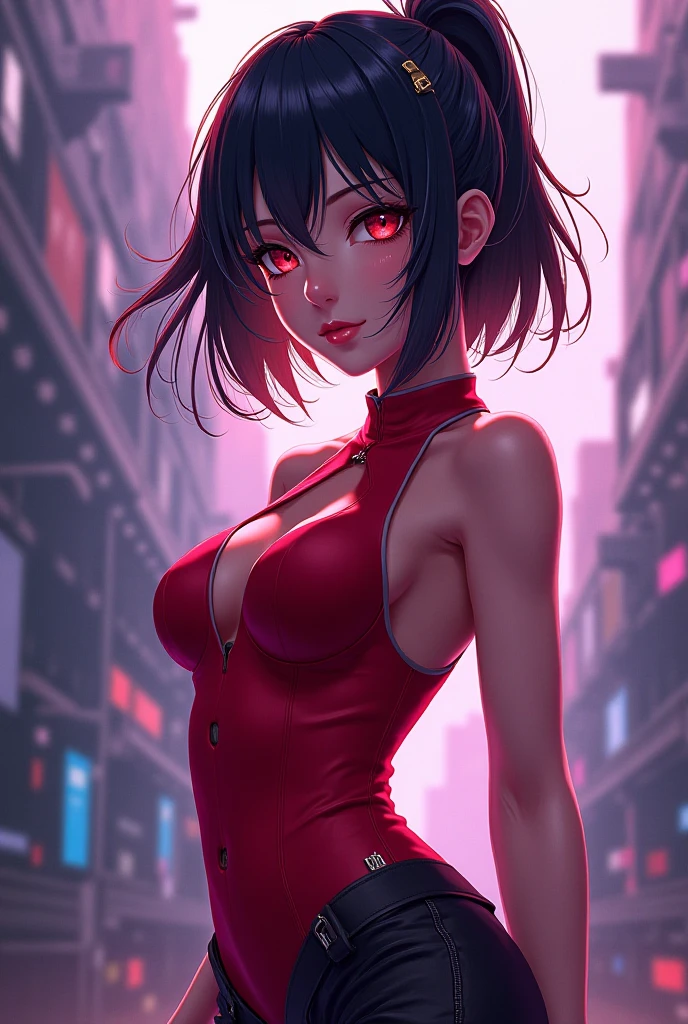 Digital artwork featuring a woman Ada wong standing in a futuristic cityscape at night. The background is filled with tall, brightly lit skyscrapers adorned with neon lights in shades of blue, pink, and purple. The woman has fair skin, short black hair, and is wearing a form-fitting red dress that accentuates her figure. She holds a black handgun in her right hand and has a confident expression. The cityscape includes various buildings and structures, with a mix of modern and industrial elements. The overall scene has a cyberpunk aesthetic, with vibrant colors and a sense of high-tech urban environment.anime, anatomicamente correto, super detalhado, alta qualidade, 4K, altos detalhes, superdetalhado, 4K
