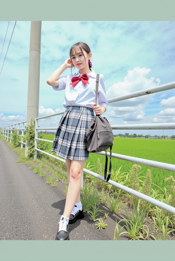 (8k),(masterpiece),(Japanese),(8-year-old girl),((Innocent look)),((Childish)),from the front,smile,cute,Innocent,Kind eyes,Plain T-shirt,Short sleeve,Blue checked short skirt,(Carrying a red backpack),Straight Hair,Hair blowing in the wind,Black Hair,Somewhat strong wind,noon,bright