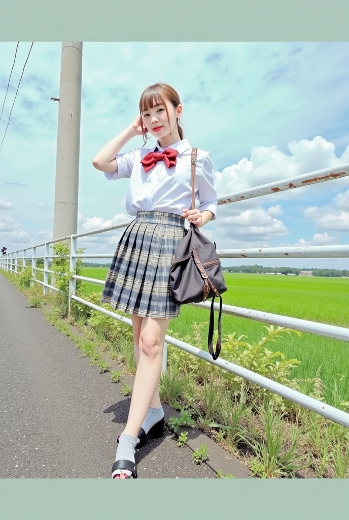high school girl、uniform、skirt、Knee-high socks、loafers、In town、smile、Brown Bob、One person、whole body、front