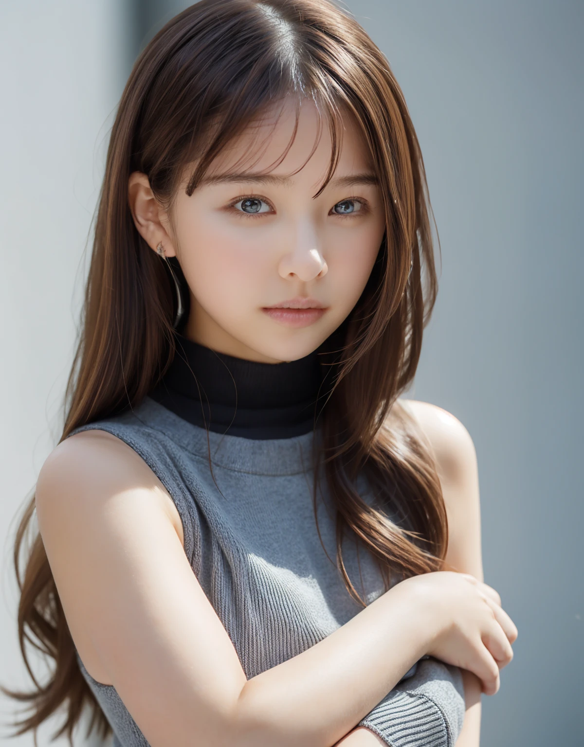 (best quality, 8k, 32k, masterpiece, UHD:1.2), ultra high resolution, (cute idol face Korean teenage girl), semi long brown hair, bangs