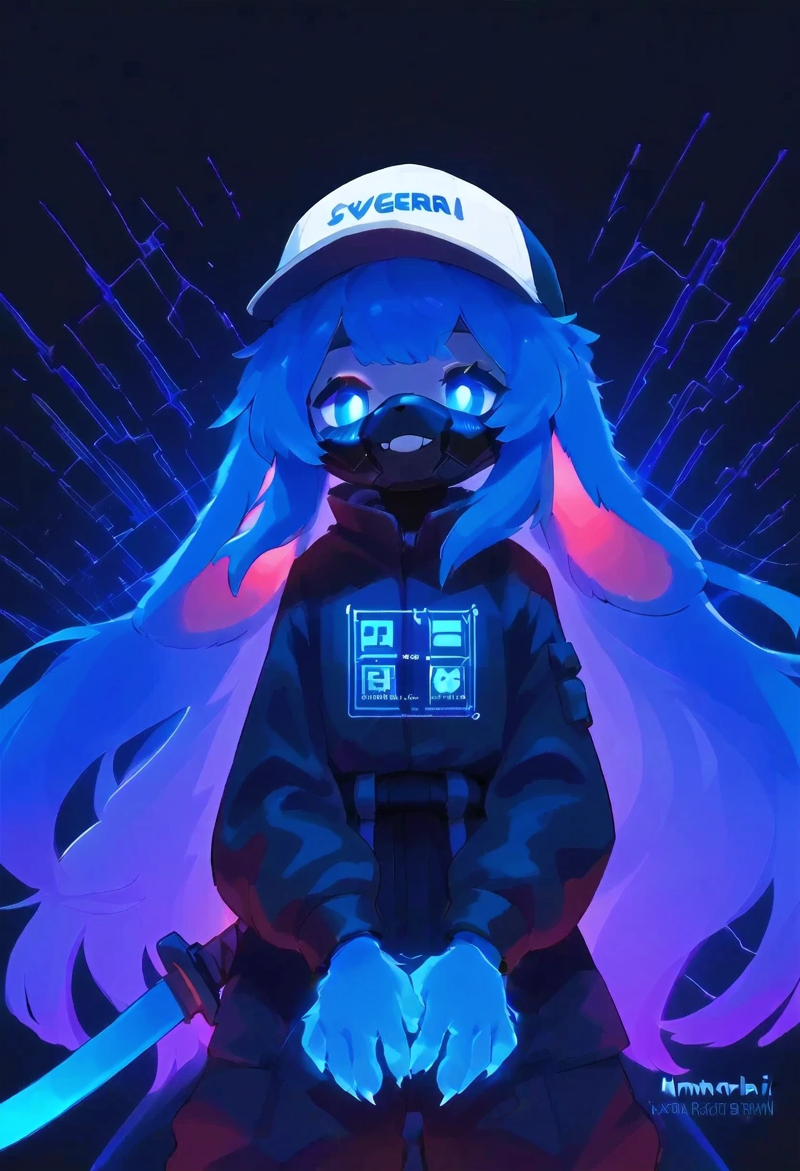 [KuroRabbi🐰] [Cyber 👾 Style Test*] - black background,ultra detailed(sketch:1.2),graphite,(monocolour:1.3), solo, score_9,score_8_up,score_7_up,score_6_up,score_5_up, ,, highres,8k,official art, solo, (KuroRabbi, rabbit, anthro, DTkr, furs, buckteeth, slender, blue fur, paw), looking at viewer, wearing futuristic cyber Japanese clothing, glowing eyes, wearing black_mask, wearing white cap, long white_hair, emo_hair white, cyber_katana, cyber_gun, hologram effects, hologram ritual, glowing, 