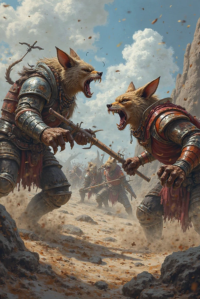 Solo Sexy young anthro furry wolf male mercenary medieval solider, slim endomorph muscular, anthro handsome gay shorter muzzle, handsome gay model male apperance, sword scars, worn out leather skimpy armament, low on hips heavy leather belt, old very worn out skimpy dirty linen material jockstrap, old yellow dirty worn out stains on white sawn jockstrap, very visible "x" brown seam pattern on the jockstrap, studded skimpy armlets breastplate armor, skimpy breastplate, leather bondages, fingerless leather gloves, smelly unwashed furr, dirty body look, desert battlefield, standing in sexy fighting position, close view of full character