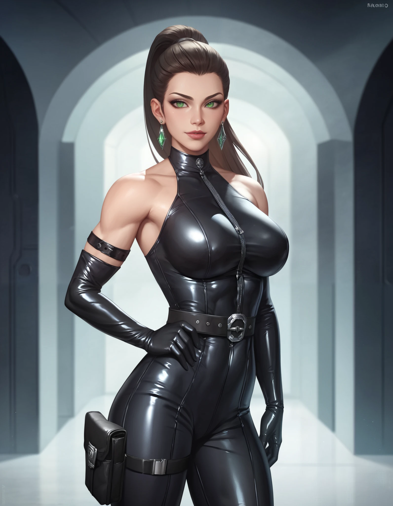 (dreamlikeart style:1.0), ( redshift style:1.0), (analog style:1.2), (studio_ghibli_anime_style style:0.7), (copeseethemald style:0.8), (thepit bimbo:0.9), (glossy:1.0), Nina Dobrev, woman, 1girl, European, (wearing suit, wearing business suit, wearing lounge suit, wearing jacket:1.2), elegant, fit, (bondage, bondage above suit, tied up, straps, ropes, kinbaku, shibari, fesselspiele, black tape:1.15), fashion, symmetric, detailed eyes, detailed pupils, bright eyes, high_ponytail, arms_at_sides, choker, delicate eyelashes, light eye shadow, lips, lipstick, jewelry, natural makeup, nose, parted_lips, standing, navel, close-up shot, closeup shot, zoom in, upper body, cleavage focus, face focus, zoomed, neon strips, cold light, realistic proportions, office, office space, work, fluorescent light, cubicles, rooms, glass, windows, detailed background,