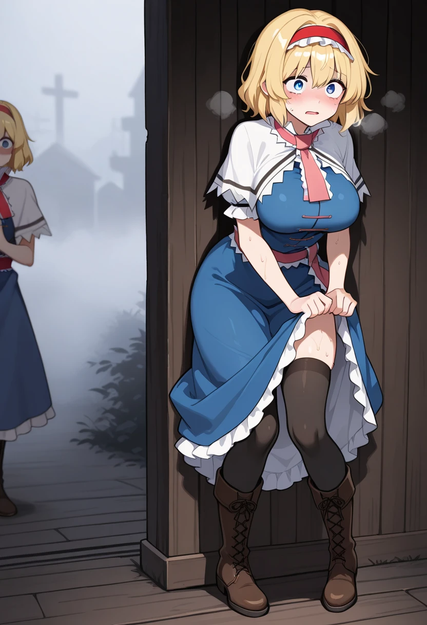 (masterpiece),1girl,1 man, village, clear sky, pale skin, blonde hair, short hair, blue eyes, serafuku, nsfw, vaginal,sex, back, cum in pussy, clenched teeth,
