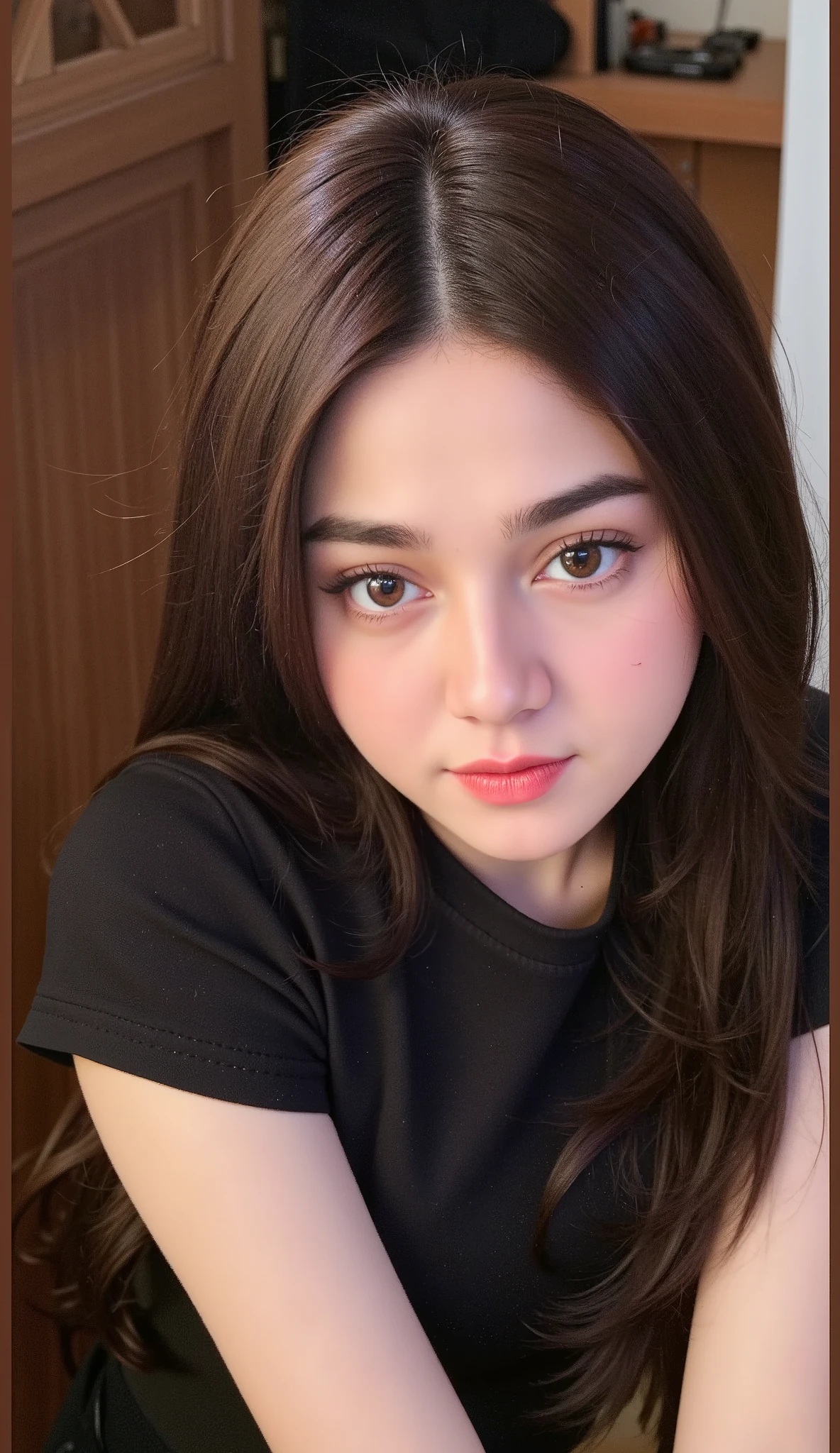 (Masterpiece in maximum 16K resolution:1.6), (intricate detail:1.4), (extremely insane detail:1.4),(highest quality:1.3),(Hyper_realistic:1.3). | ((Soft_color_tones):1.3),Clear light, Edge lighting, Perfect image, 16k UE5,editorial photograph, superfine, A young woman with long, straight black hair and fair skin takes a close-up selfie indoors. She has a soft, gentle expression with slightly flushed cheeks and warm brown eyes that gaze directly into the camera. Her lips are subtly curved into a slight smile. She wears a simple black T-shirt, and the background features wooden furniture and a cozy, softly lit indoor setting. The lighting is warm and natural, enhancing her smooth complexion. The overall aesthetic is natural, intimate, and slightly dreamy, with a relaxed and friendly atmosphere. dynamic pose , relax, aside standing, happy vibes beauty smile open mouth.
