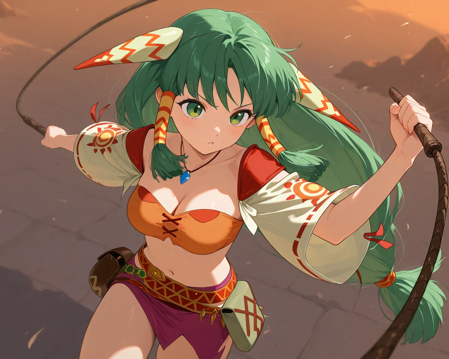 (adult woman), (1girl, solo), walking, ((cavewoman, loincloth, fur clothes)), dirty, small breasts, muscular, abs, (green hair, messy hair), (yellow eyes), ((primordial earth, jungle, volcano)), (yellow sky), ((best quality, high detail)), ((masterpiece)), <lora:1_takepon:1>