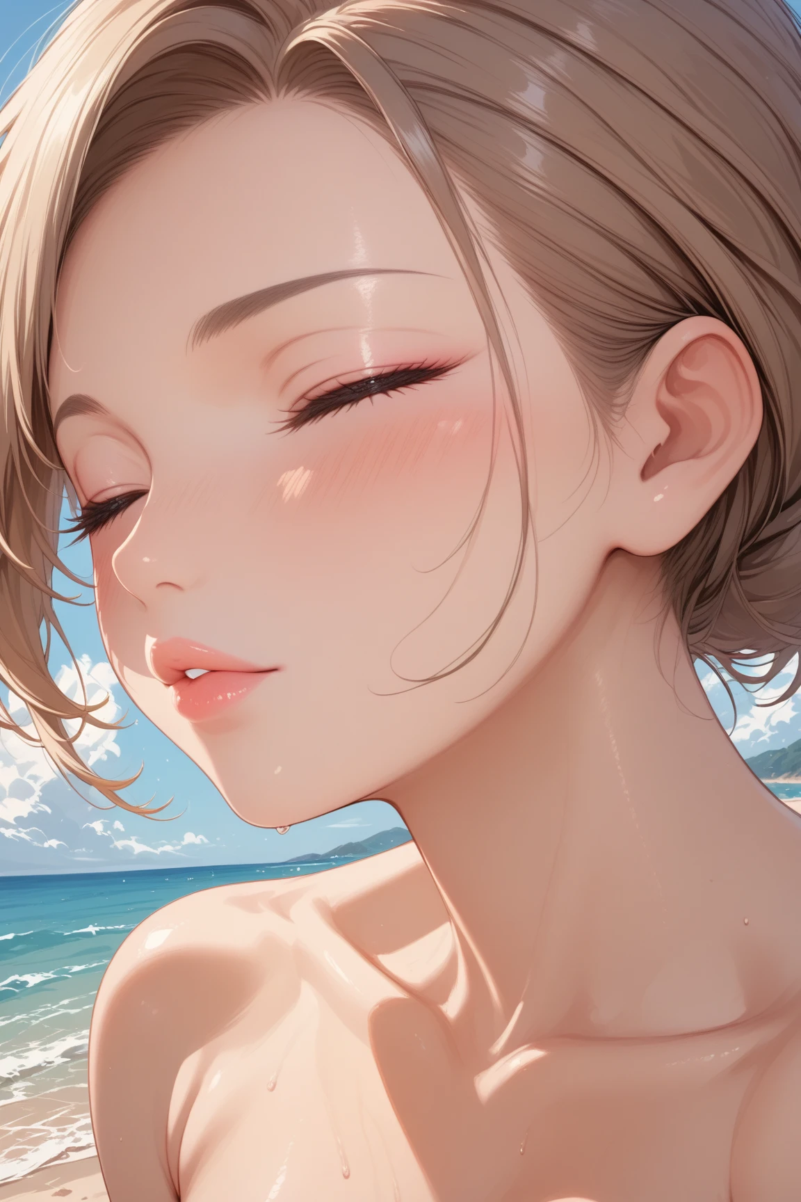 ((((masterpiece, Highest quality, High resolution)))), Extremely detailed 8K, (((shot from the neck up))), Beautiful girl with a voluptuous body, (Ultra HD, Super detailed, Very detailed, Very realistic, Ultra-realistic, Photo Real), (One girl:1.5), (Realistic white hair), short silky hair, Bobcut, (Dynamic pose), To the camera, View your viewers, (((A face of sexual pleasure,blush,Sleepy eyes,open mouth,Saliva:1.8))), (Large, round, firm breasts:1.2), (Beautiful valley), (Beautifully detailed face, Beautiful attention to detail), ((Black Bikini, Floral)), (lying back on water:1.3), (((Sweat))), shine, (Sunbeam, sunlight),Beach, tongue, bukkake