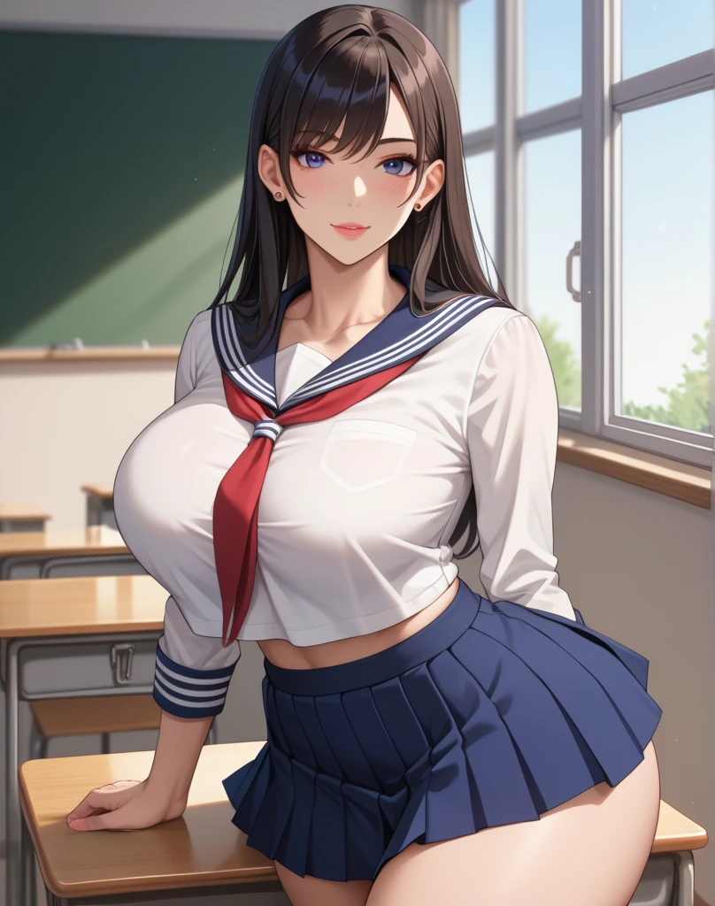 high resolution、Ultra HD、Best Quality、Top quality、Extremely detailed image quality、Realistic woman、A big smile、open mouth, (1girl:1.8)、(looking straight:1.8), Japanese、Plump body、belly button、Black Hair、High gloss skin、Facing forward、The whole body is reflected、(school building, school yard:1.8), standing、huge breasts、Valley、(greaming skin:1.4)、BREAK、(army, navy, hat, uniform:1.6), BREAK (on_hand_salute:1.5),