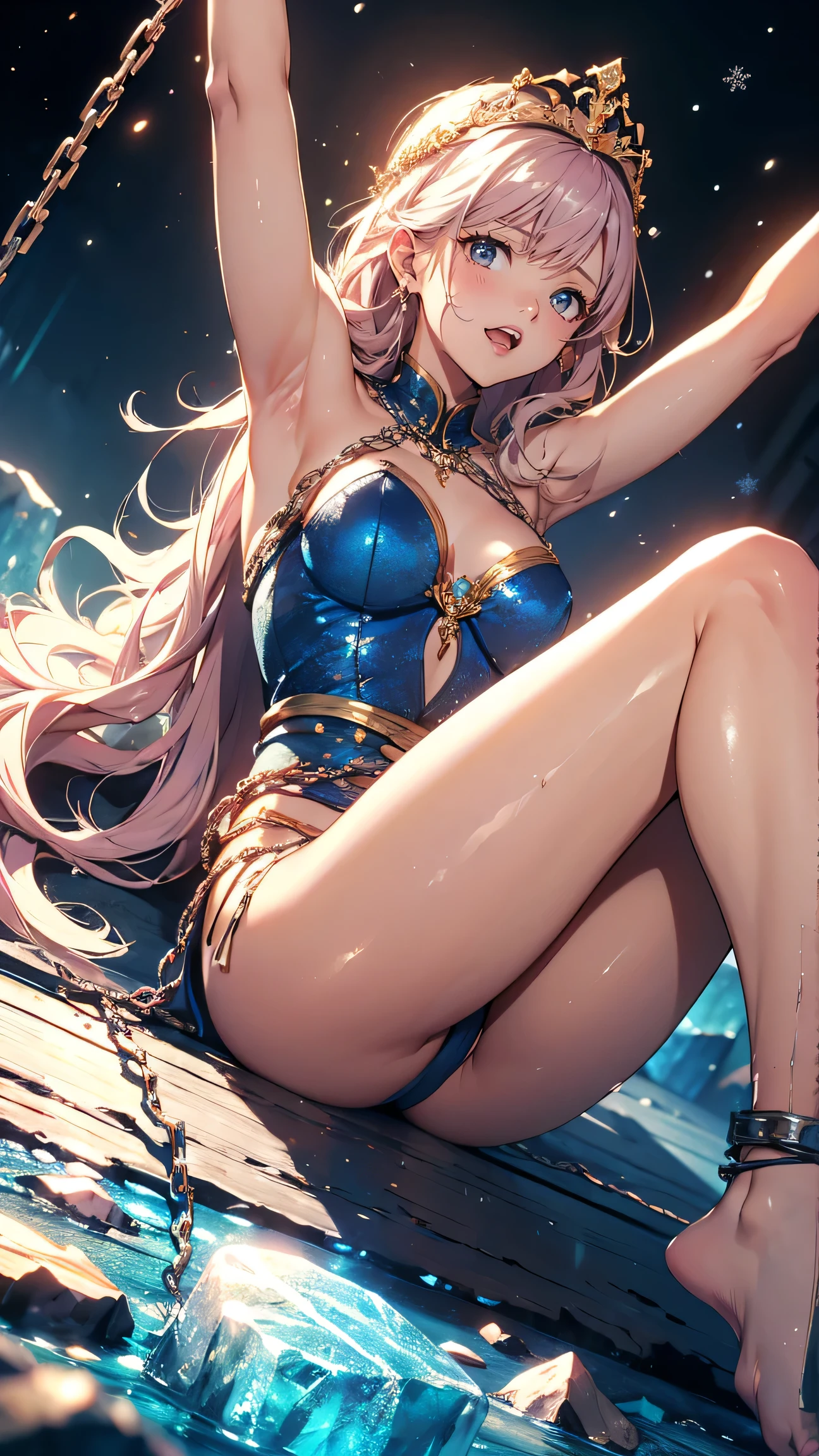 Evelina, a 50-meter-tall deity, emerges from her dawn-lit cavern. Her glowing golden skin and fiery wavy hair fall over her shoulders. Standing on a plain, her majestic and seductive posture features one leg forward and one hand on her hip. Her piercing gaze and suggestive smile mesmerize the humans at her feet, while her perfect body exudes an aura of divine eroticism.