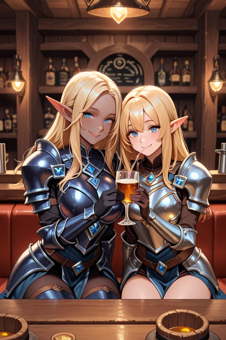 multiple girls, (masterpiece, best_quality, ultra-detailed, immaculate:1.3), epic, illustration, elf desert warrior villainess, (armor:1.3), pauldrons, gold hair, Straight Hair,low-braided long hair, outstretched arm / outstretched arms, in a European town, at a gloomy bar, bombshell hair, red hair with rainbow highlights, antenna hair, waist hug<lora:EnvyCuteMix11:1>