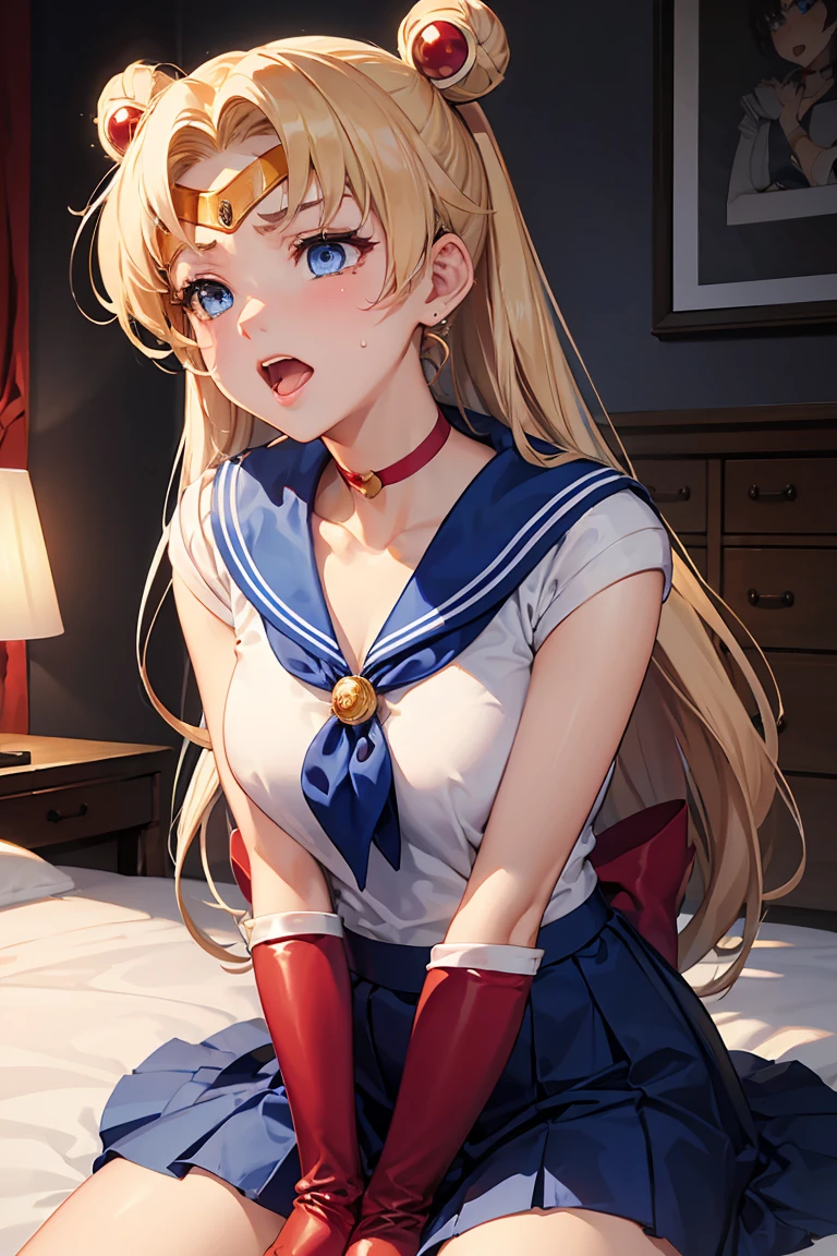 (A superb exquisite Sailor Venus), (Sailor Venus:1.5), (aino minako)、(Sailor Senshi Uniform), (red ribon), blue eyes, Yellow hair, natural straight hair, straight bangs, solo, nature, extremely delicate, straight facial features, peerless beautiful girl, soft, (sensual face), ((ecchi face)), dreamy quality, exaggerated facial features, solid color, frank holly, delicate face, bright lips, slender waist, soft curves, real light and shadow, super fine, 4k, natural moving, Ultra high resolution, (masterpiece:1.2, best quality), (finely detailed beautiful eyes: 1.2), (beautiful detailed face), sexy nude model, sexy pose, (midium chest), (Perfect Body Proportions), (bedroom), Mekosuji, Spread your legs a little and show off your crotch,