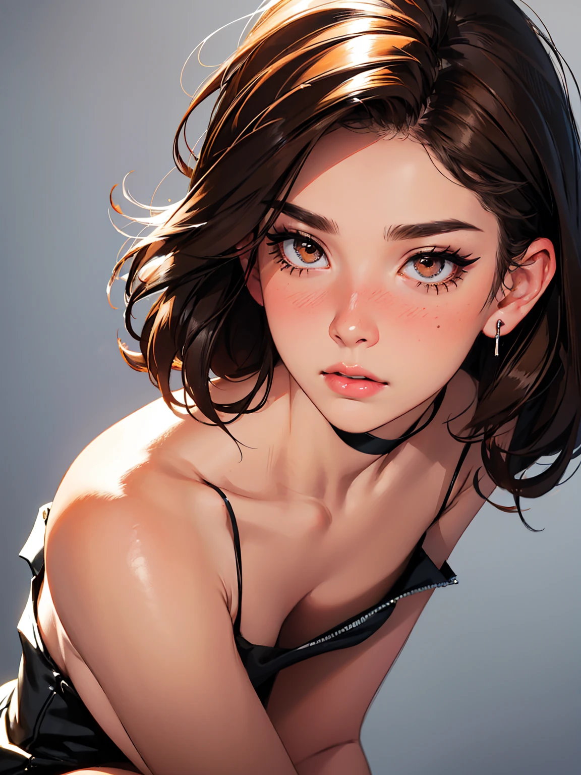 (Representative works: 1.3), (8K, realistic, RAW photo, best image quality: 1.4), (30 year old mature woman),small face, beautiful face, (realistic face),no makeup、natural makeup、light makeup、 (Dark brown, short hair: 1.3), beautiful hairstyle, realistic eyes, detailed and beautiful eyes, (realistic肌), beautiful skin, (sweater),、Bust A cup、 confused, charm, 超High resolution, Super realistic, High resolution, golden ratio, ff tifa、gray background、