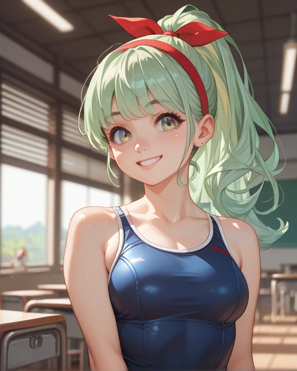 A beautiful green hair woman with three braids and deep blue eyes, gazing condescendingly at the viewer with a cute grinning expression, extremely detailed and realistic, masterpiece quality, ultra-detailed, HDR, studio lighting, vivid colors, physically-based rendering, thick muscular thighs,Cute gym clothes, large breast