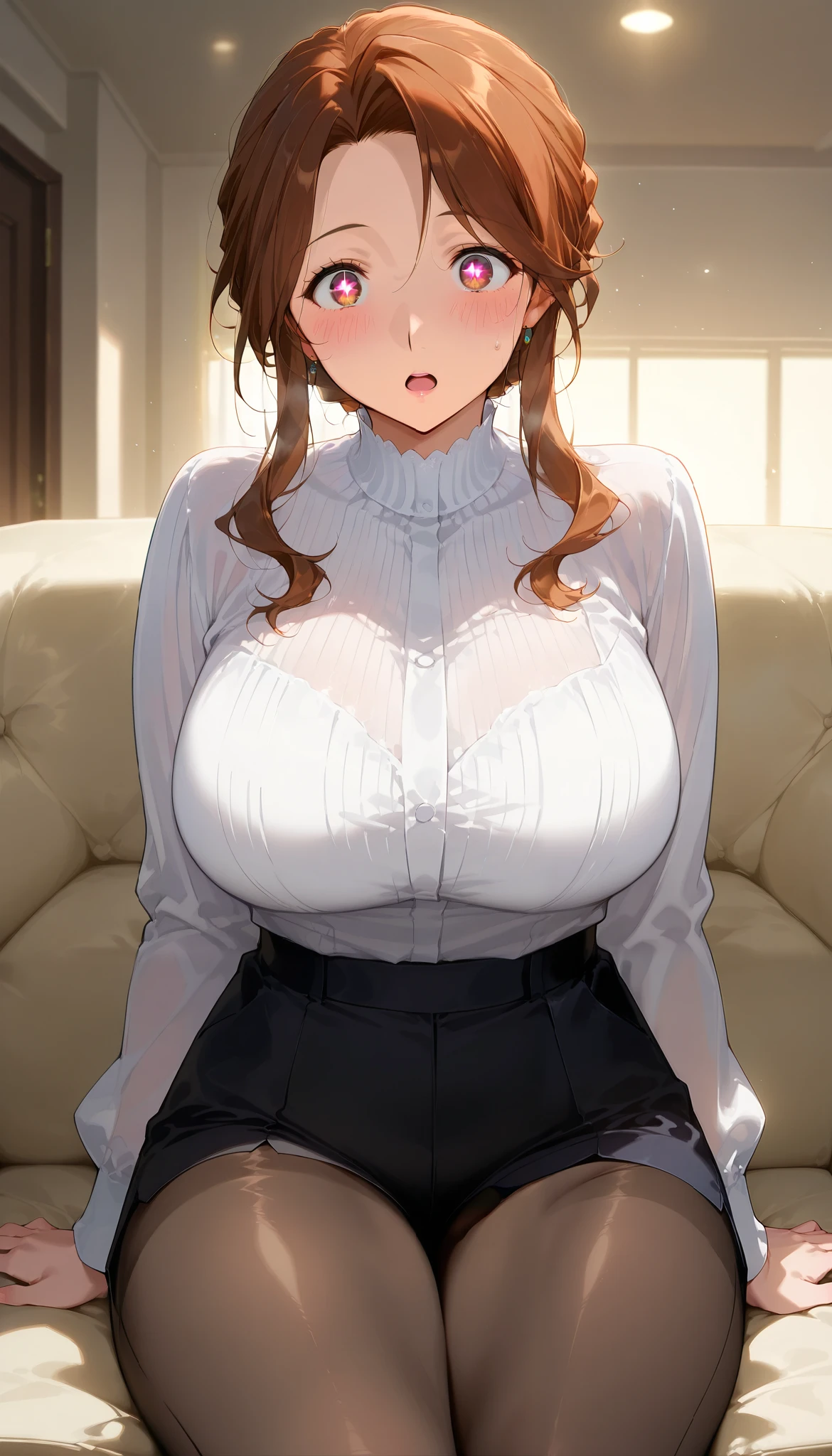 Girl seen from the side , Vol sidewaystuous women, Older, Big Breasts, mature woman, of motherhood, wide waist , score_9, score_8_ sideways, score_7_ sideways, score_6_ sideways, source_anime, beautiful face, expressive eyes, detailed eyes panty pants on pantyhose , alone, close- sideways, sitting , Sofa, indoor, Scenery, dramatic lighting, anime screencap, Enchanting Smiles、surprised expression