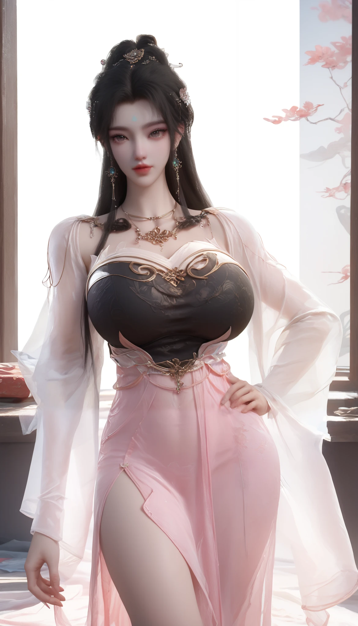 girl,solo,dress,earrings,jewelry,long hair, ancient female chinese clothes,looking at viewer , Chinese dress,brown eyes, black hair, sexy camisole, camisole like a pink see through cloth, revealing full thights and hip and venter, top quality, Masterpiece, Ultra High Resolution, High Definition RAW Color Photos , pro pics, natural skin texture, fine skin, hyperrealism, smiles,Earrings, gigantic breasts, slit dress, camisole, collarless dress