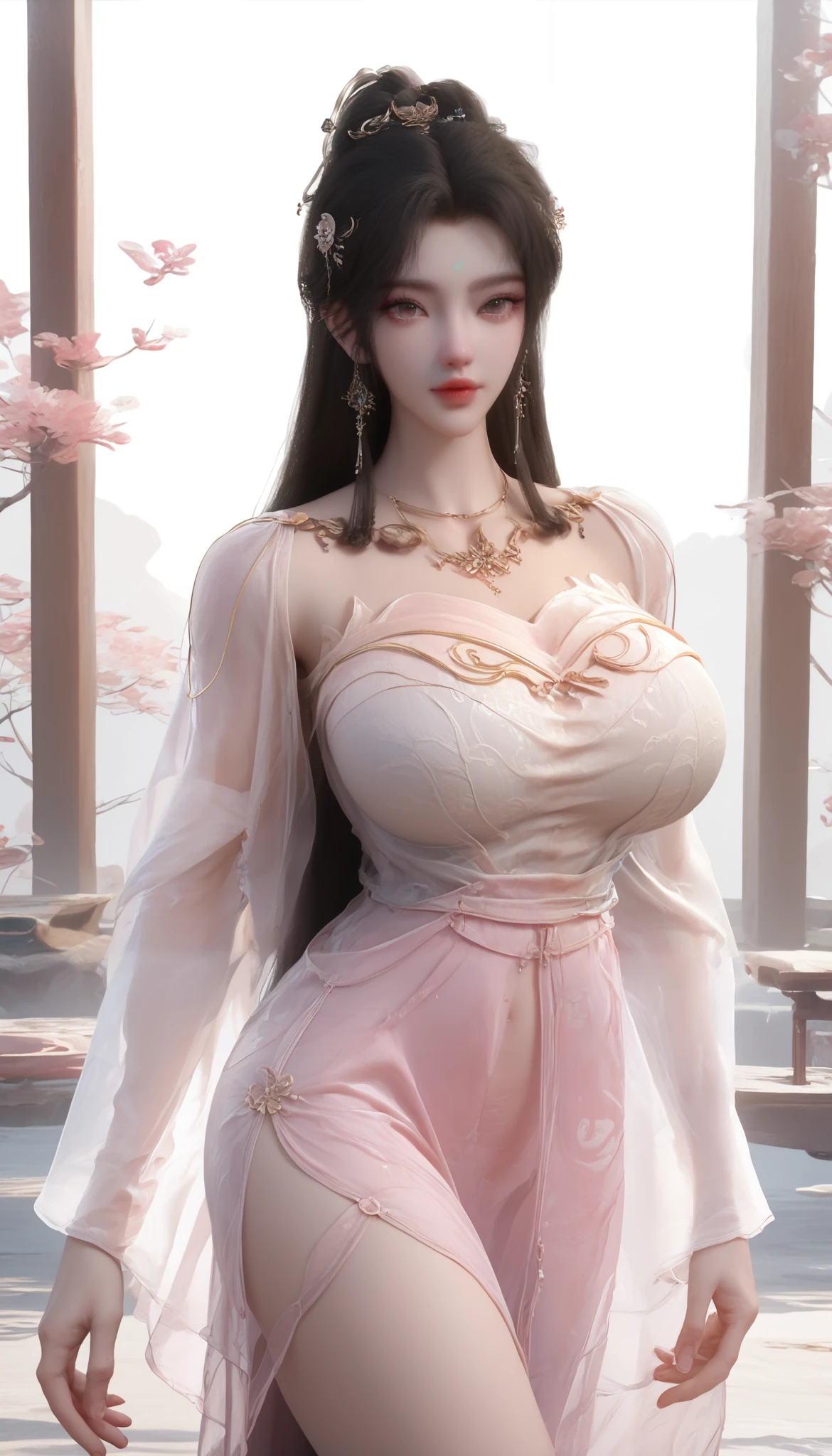 girl,solo,dress,earrings,jewelry,long hair, ancient female chinese clothes,looking at viewer , Chinese dress,brown eyes, black hair, sexy camisole, camisole like a pink see through cloth, revealing full thights and hip and venter, top quality, Masterpiece, Ultra High Resolution, High Definition RAW Color Photos , pro pics, natural skin texture, fine skin, hyperrealism, smiles,Earrings, gigantic breasts, slit dress, camisole, collarless dress   
