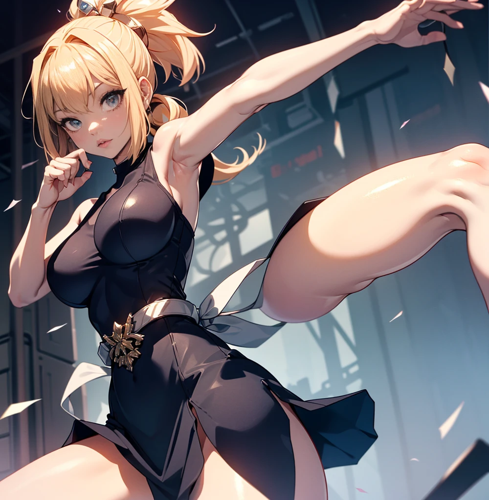 1girl, solo, mature, (female fighter), muscle, muscle female, erotic body, large breast, skimpy oufit, fighting pose (masterpiece), best quality, ahoge, standing, action, feet out of frame, highly detailed face, looking at viewer,smirking,confident, dominant