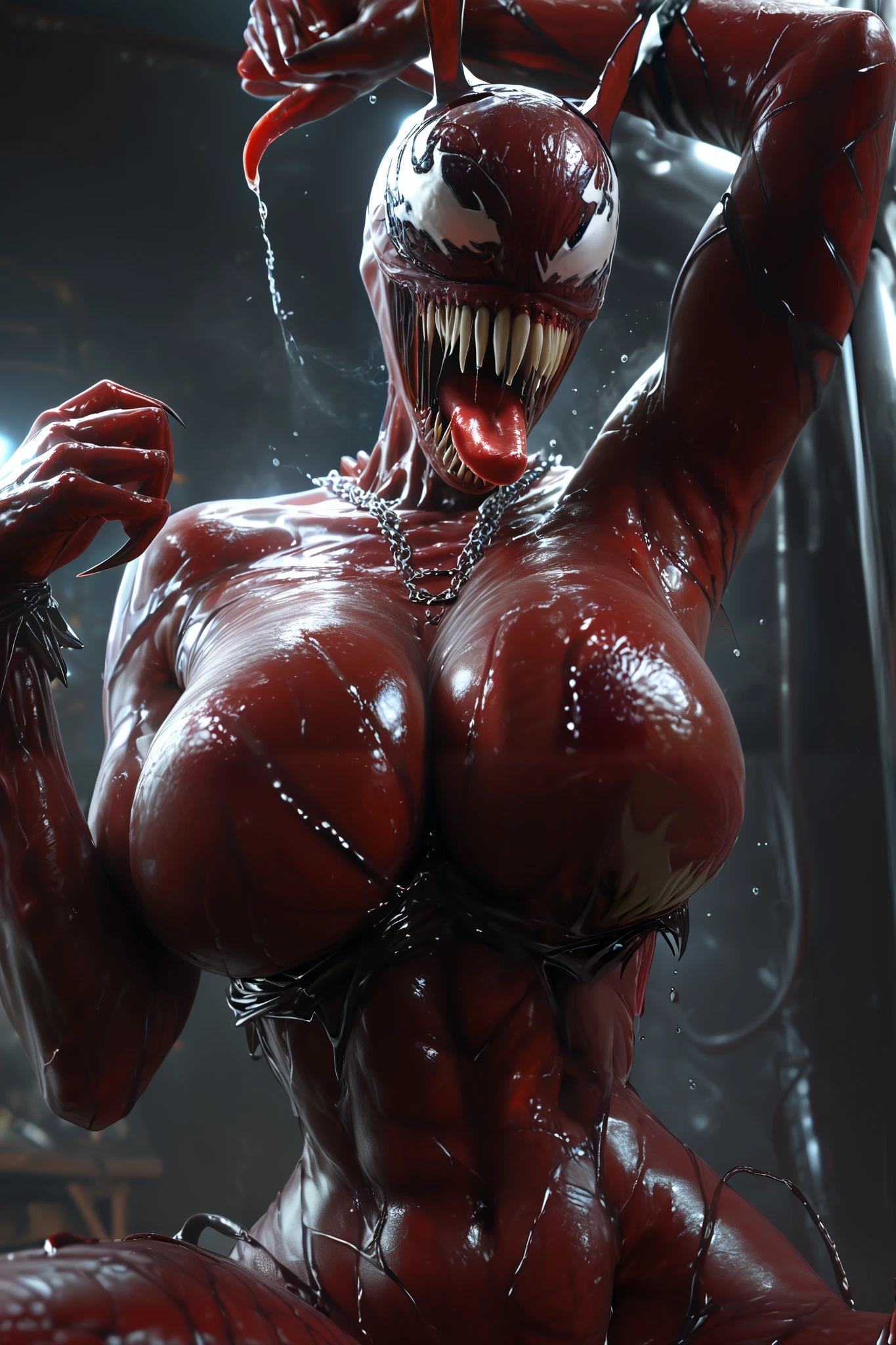 (beautiful girl face:1.45), megan fox as a vampiric muscular red carnage, (mouth wide open with tongue out:1.25), (red carnage anatomic muscular bio-mecha muscle suit:1.25), (body totally covered in muscles, veins, tendons), (perfect muscular anatomy), (fake large breasts:1.45)