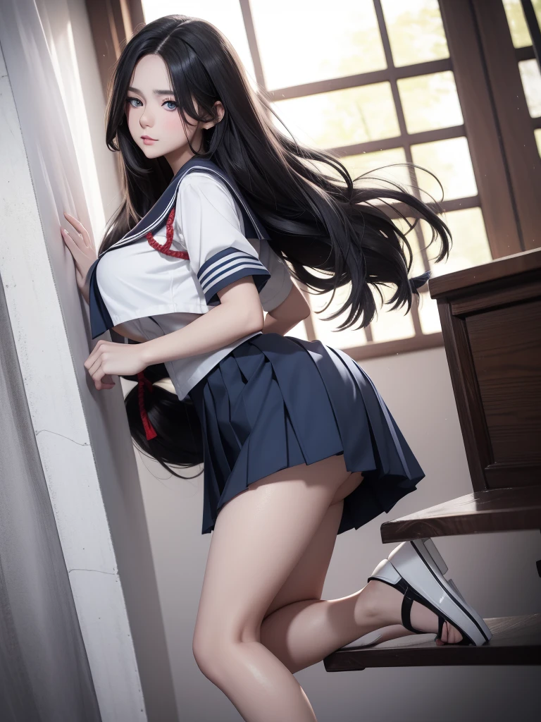 1 female,(((sailor suit))),(((skirt))),((upskirt)),shy、blush,(red cheek)、thighhighs,((loafers)),curvy thighs,Breathless face、sweating、Excited facial expression、Long Hair、Realistic,High resolution,Soft Light,Large Breasts, blue eyes,looking back over the shoulder