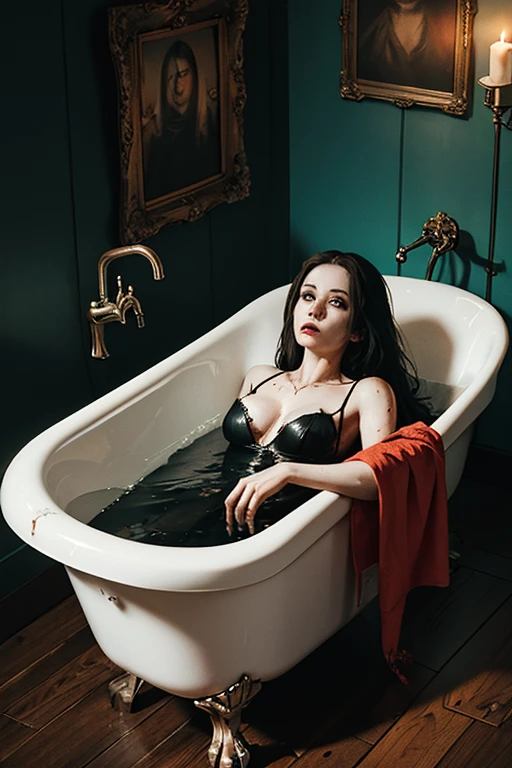 ((best quality)), ((masterpiece)), (detailed), undead wounded Monica Bellucci is boiled in a huge cauldron, blood on undead body, horror atmosphere, death