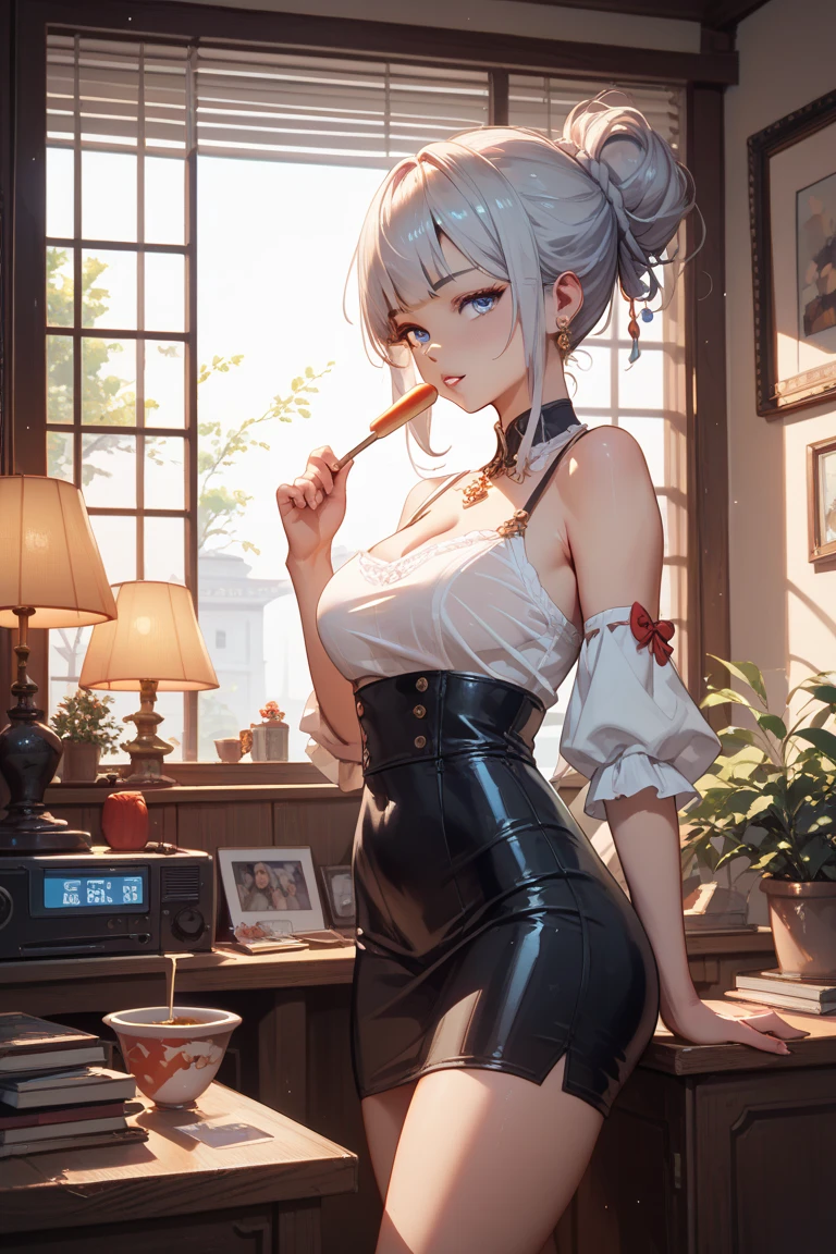 1 girl! Ray Tracing, Best shadows, high resolution (Dim Lights) Detailed background (Living room) Fluffy silver hair, Plump girl, high ponytail avoiding golden eyes in the ominous Living room (girl in white shirt, black wrinkle skirt, With black transparent pantyhose), Show off your slender figure and beautiful curves, Correct positioning and proper limbs! Place your hands behind your head, Stand solemnly, Facial details! Exquisite facial features, Pay attention to the details of the leg position! Pay attention to the details of the hands! high quality! More eligible! Reduce Errors! More exquisite painting, Ultra-detailed CG, And the picture is more reasonable! Pay attention to finger details! 8k wallpaper, masterpiece, Eye details! Reduce binocular differences! number of fingers!,((Huge breasts)),Grooves reveal original skin