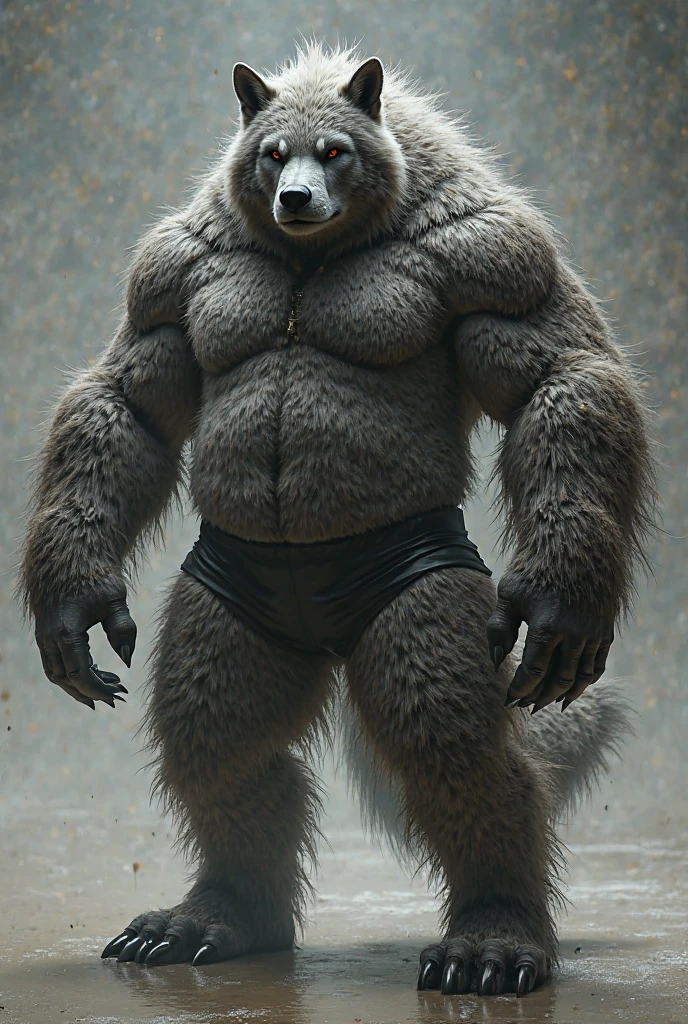 (full body shot), (realistic style), (furry), (humanoid), male wolf, full body black fur, red eyes, perfect muscular body, and biggest muscles, biggest pecs, and biggest thighs, wearing white boxer briefs, realistic forest background