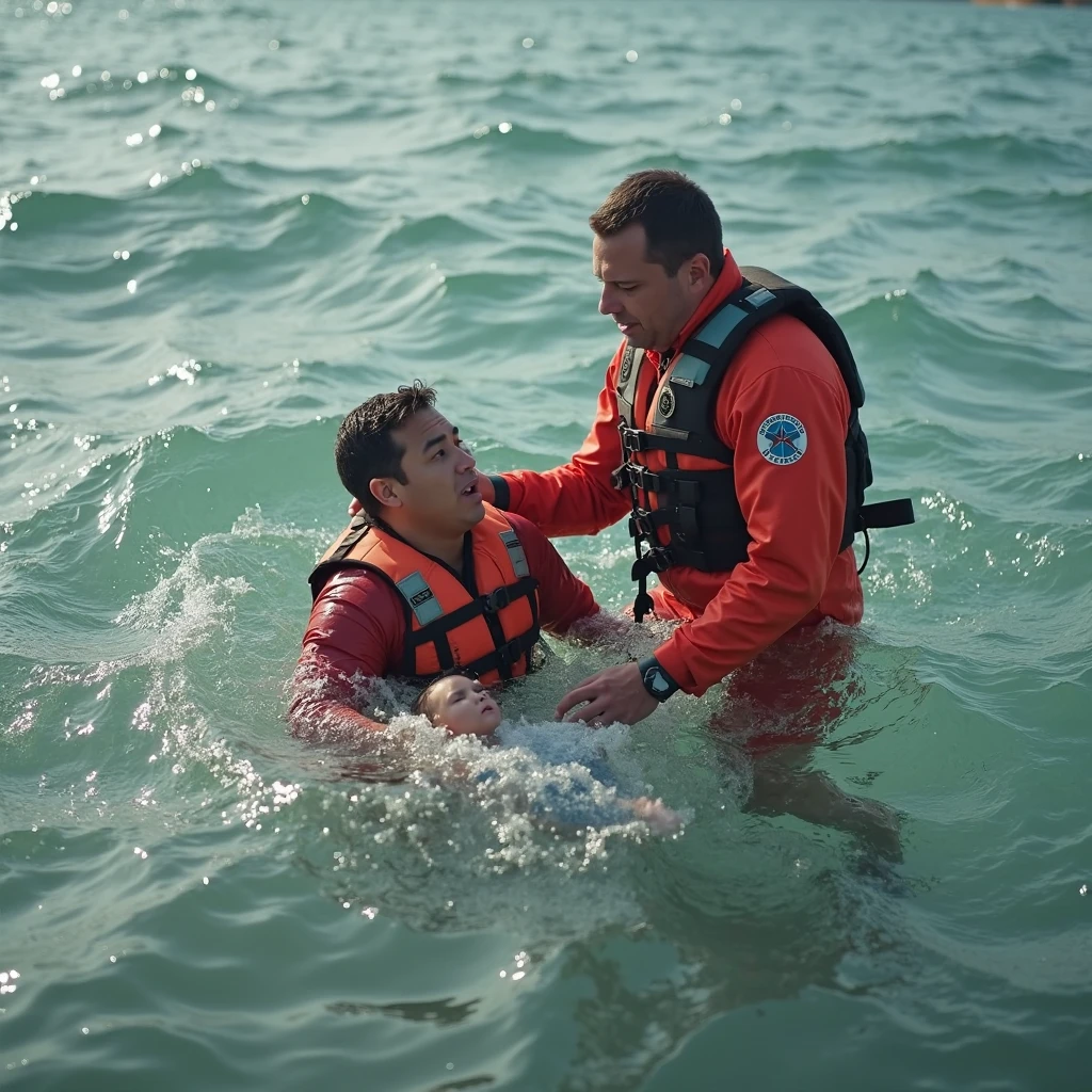 Create an image in which some fell into the water and they drowned and rescue operation is going on