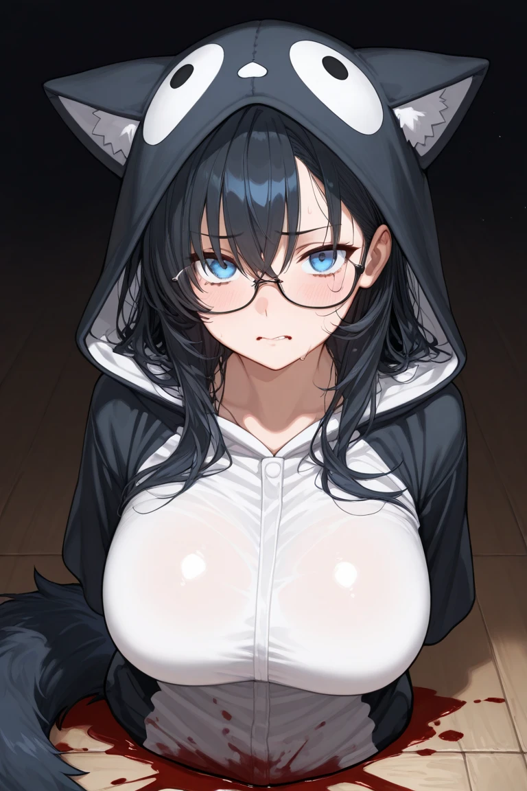 ((masterpiece)), (best quality), (detailed), (1 girl), long hair, ponytail, glasses, black furry coat, open clothes, winter forest, massive breasts, purple eyes, nsfw