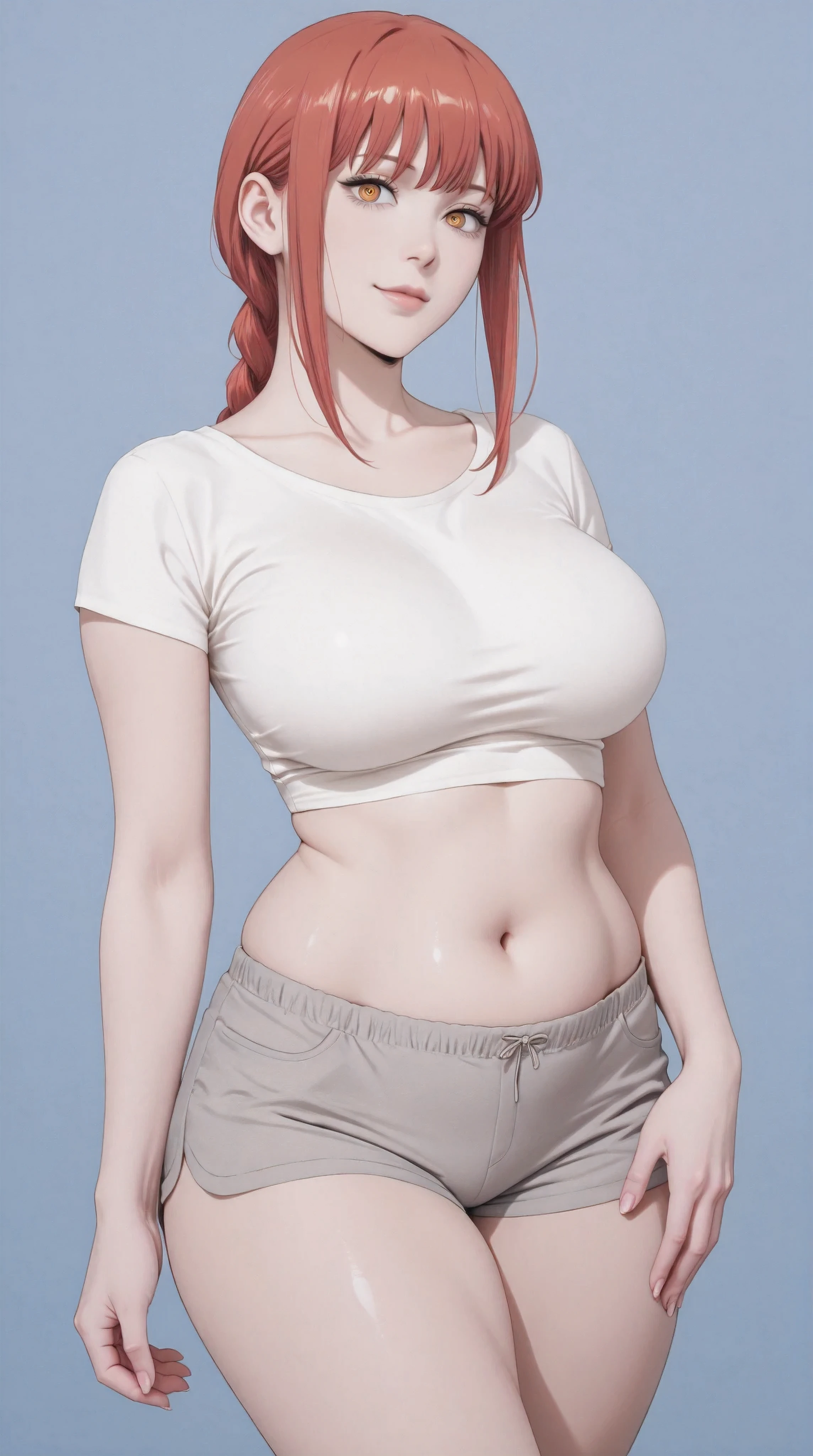 masterpiece, extremely detailed,perfect skin texture,4k,solo,1girl,adult ,((fullbody)),stand up,makima, sexy legs,perfect body,large breasts,white tshirt,grey shorts,housewife,soft light, high detailed, best quality, midriff, navel, navel line, belly, bare belly, sexy, hot girl, big breasts, sexy girl, sexy woman, korean face, beautiful, thick thighs, thigh thighs, upper body, tshirt, crop top, beautiful girl, hot pose, perfect hands, wide hips, expressive, looking at viewers, front look, sexy pose, photography, front look, blue plain background, blue background, cowboy shot,((blue plain background))