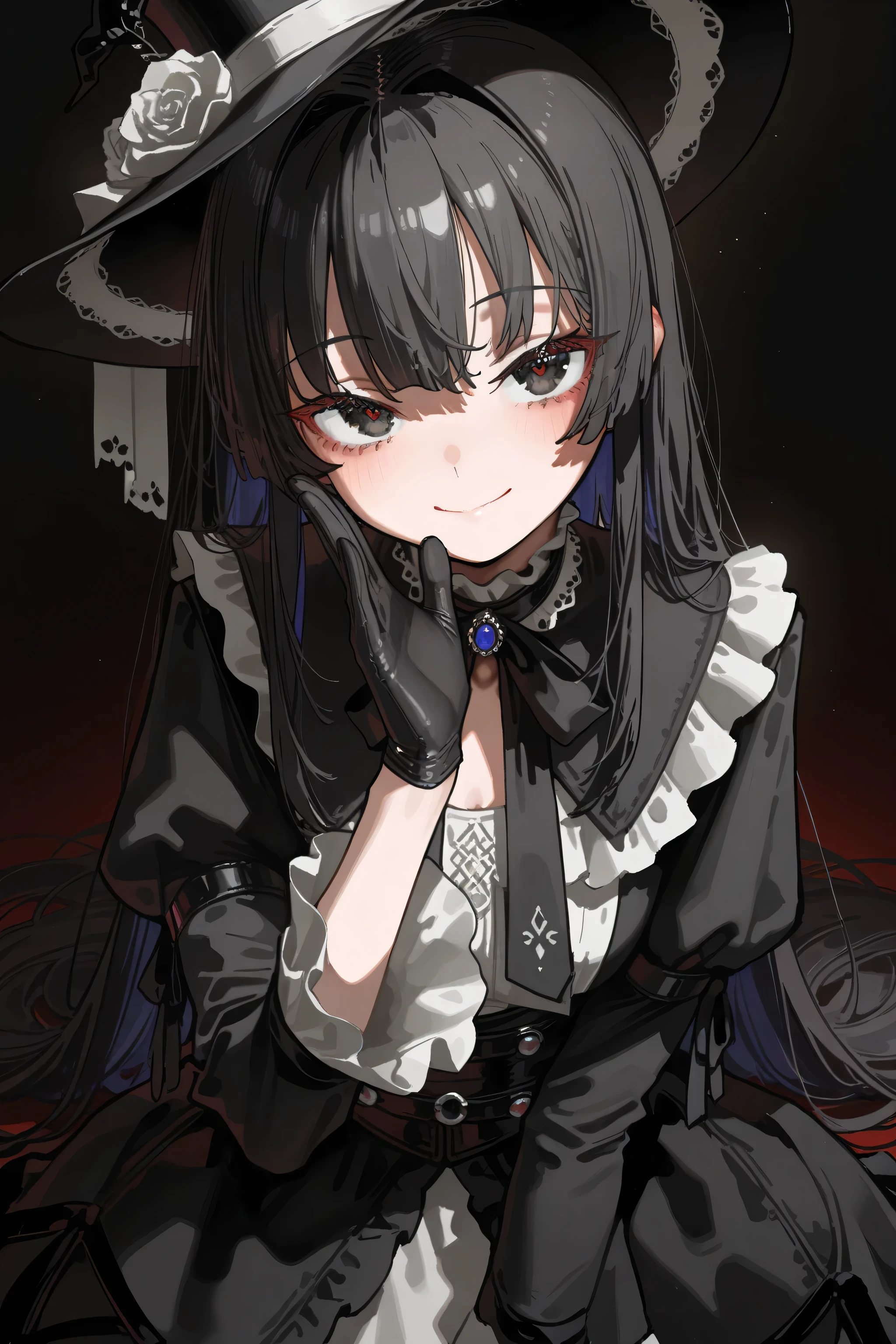 aruhshura, [artist:yoneyama mai], [artist:kanzarin], [artist: ekrea_jan], masterpiece,best quality,amazing quality, 748cmstyle, solo, eye focus, black hair, black clothes, black hat, mysterious atmosphere, closed mouth, gentle smile, black gloves, elegant pose, gothic fashion, dark background, soft lighting