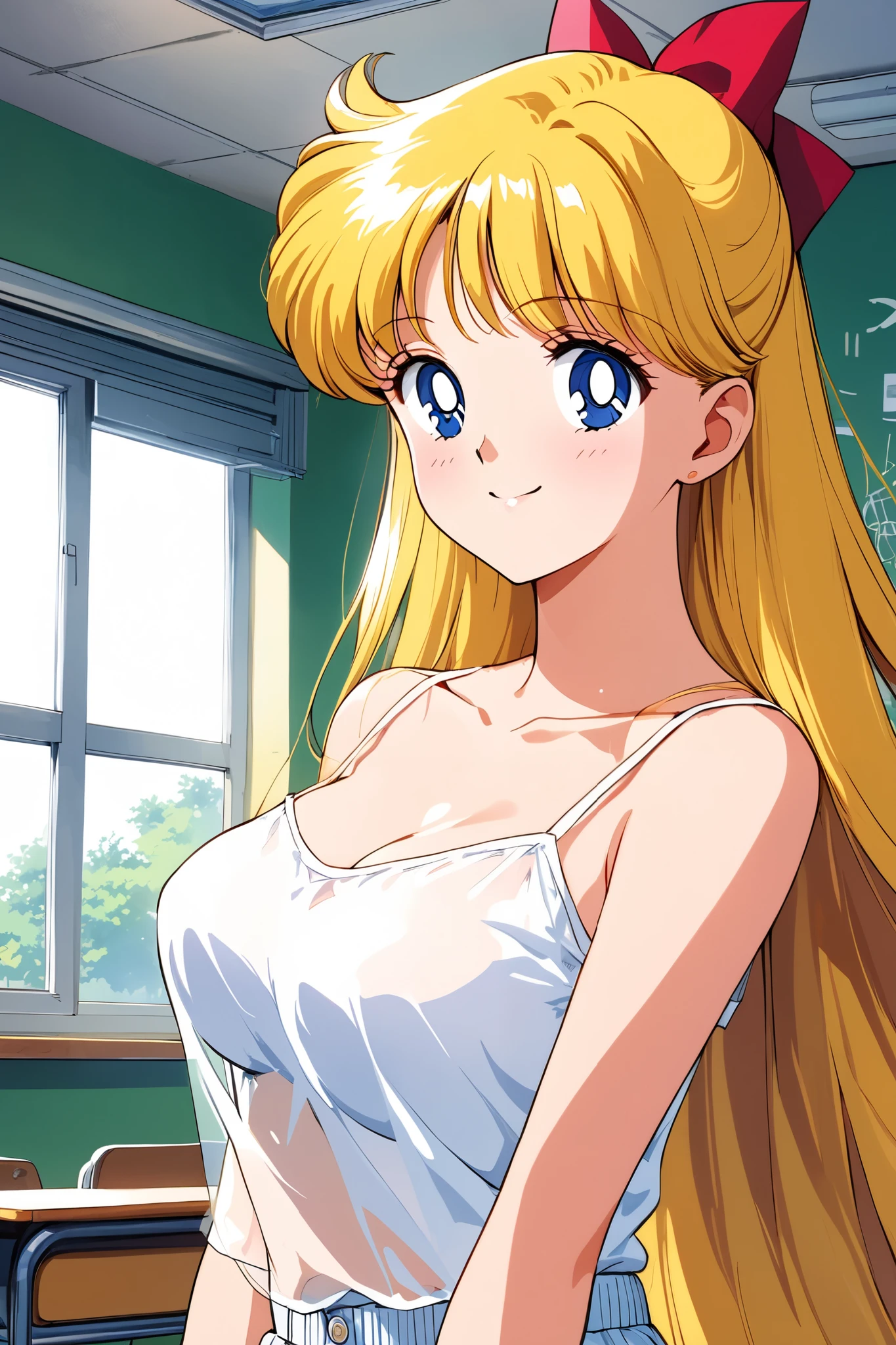 masterpiece, Top Quality, high resolution, (Minako Aino),1990s \(style\),: 165cm, Gold Long Hair,straight hair、 sexyな長い脚, white oversized see-through camisole,white see-through shorts, high school classroom,( E cup beautiful breasts)、I'm sweating all over、sexy、Delightfully Warped Face、sweated、Front Composition 、smile、looks up,Anime-style painting style,composition focusing on the upper body