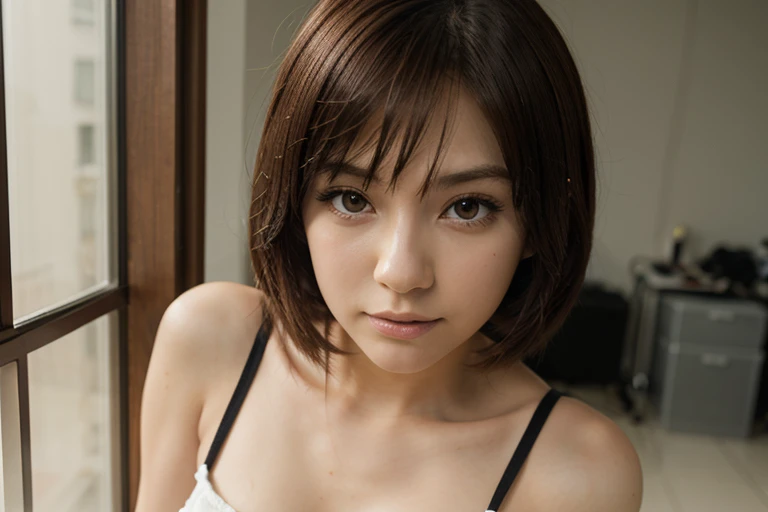 highest quality, Soft Light, Ultra-high resolution, (Realistic:1.4), RAW Photos,
1 Japanese girl, alone, cute, (pupil, light in your eyes), Beautiful face in every detail, (),(High resolution detail of human skin texture),
(Shortcuts)、Layered Cut、Shaggy、
indoor,window、On the bed、
Night Dress,From above、Perfect Anatomy、
