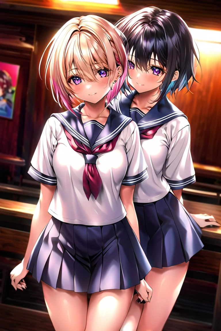 (topless:1.49),Two peopleのhigh school girl:1.9,((Two people high school girl:2)),((Two people:2)),Dynamic Angle, Perfect body, night,moonlight,Exterior lights,Gal, (Anatomically correct),masterpiece, highest quality, RAW Photos, Realistic, face,Beautiful girls, cute, Written boundary depth, High resolution, Super detailed, detailed, ighly detailedd, Extremely detailed eye and realistic student, pale and tanned skin,Two peopleで,woman,(panties), (Short-sleeved sailor uniform:1.8),Spread your legs:1.6,Wide Hips, ((Sensual;1.5)), Glamour, Big Breasts,Sunburn marks on tanned skin,Pink Hair,blonde,Platinum Hair,Brown Hair,orange,Wavy Hair,Shortcuts,Pixie Cut,Cosplay,building,intersection,stage,Pedestrian bridge,vending machine,night,深night,Blurred Background:1.2,White panties,Pink panties,Yellow panties,Black panties,GirlTwo people:2,Two people:2, high school girl,